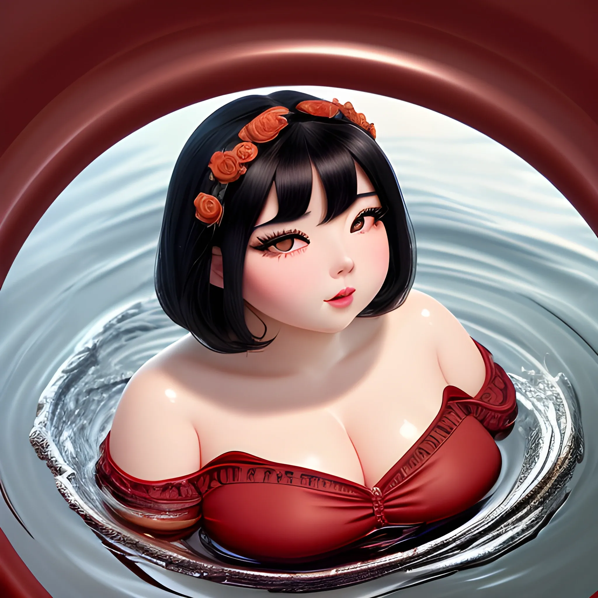 (((high detail))), best quality, Warm Colors, (detailed), (high resolution)Black-haired female, curvy face, with rosy cheeks, big black eyes, thick eyelashes, thick peach lips, thick eyebrows, nose upturned, lying on water, with a black and red dress