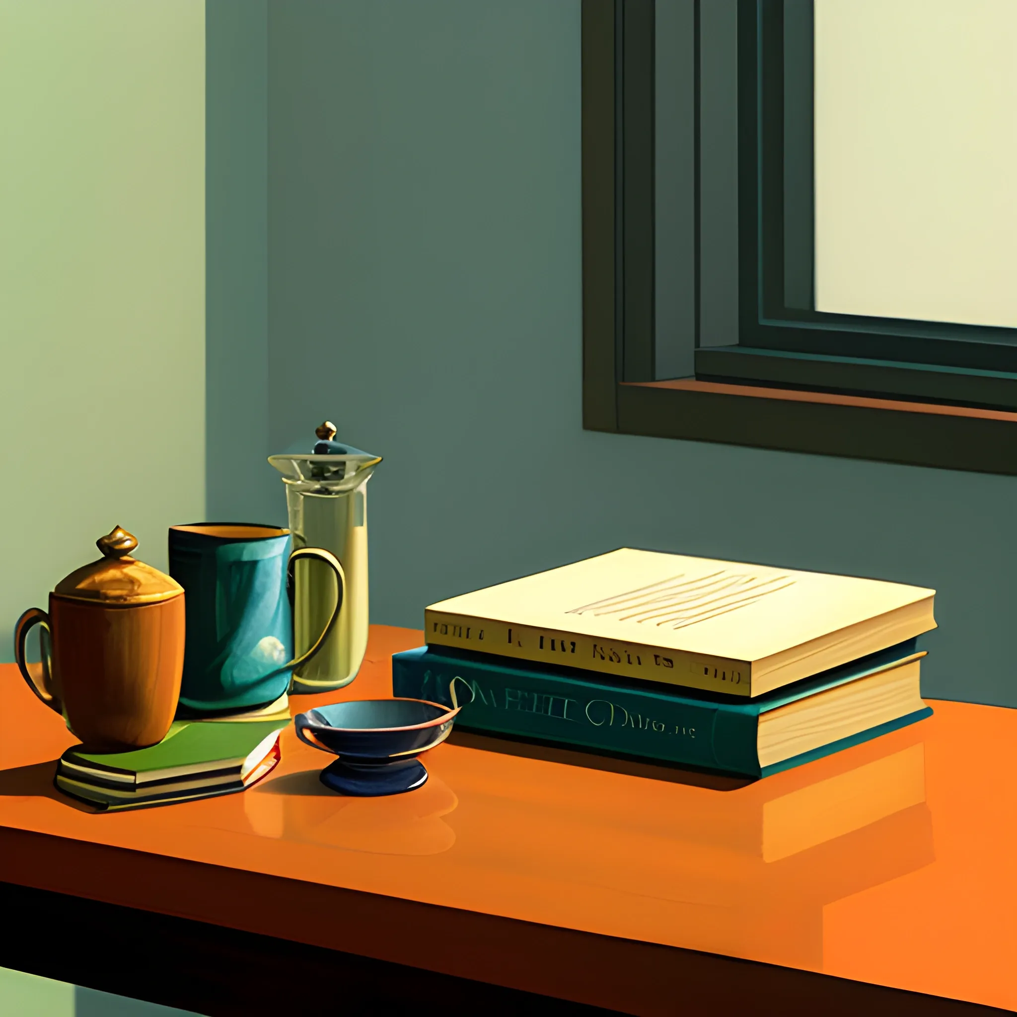 close up shot of items on table in contemporary home, still life, books, candle, day time, very coherent, painted by Edward Hopper, painted by James Gilleard