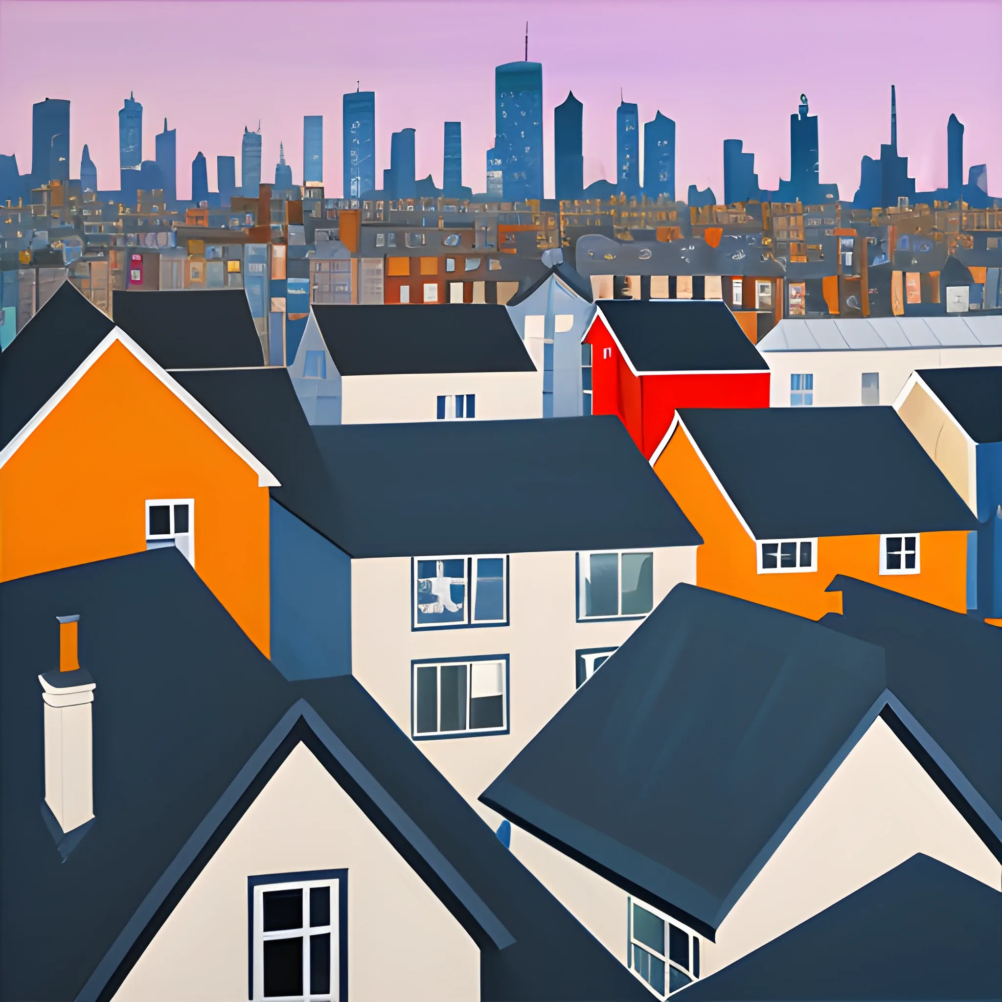 acrylic painting, rooftops, city, neighbourhood, simple, gordon leverton, contemporary, vibrant colors