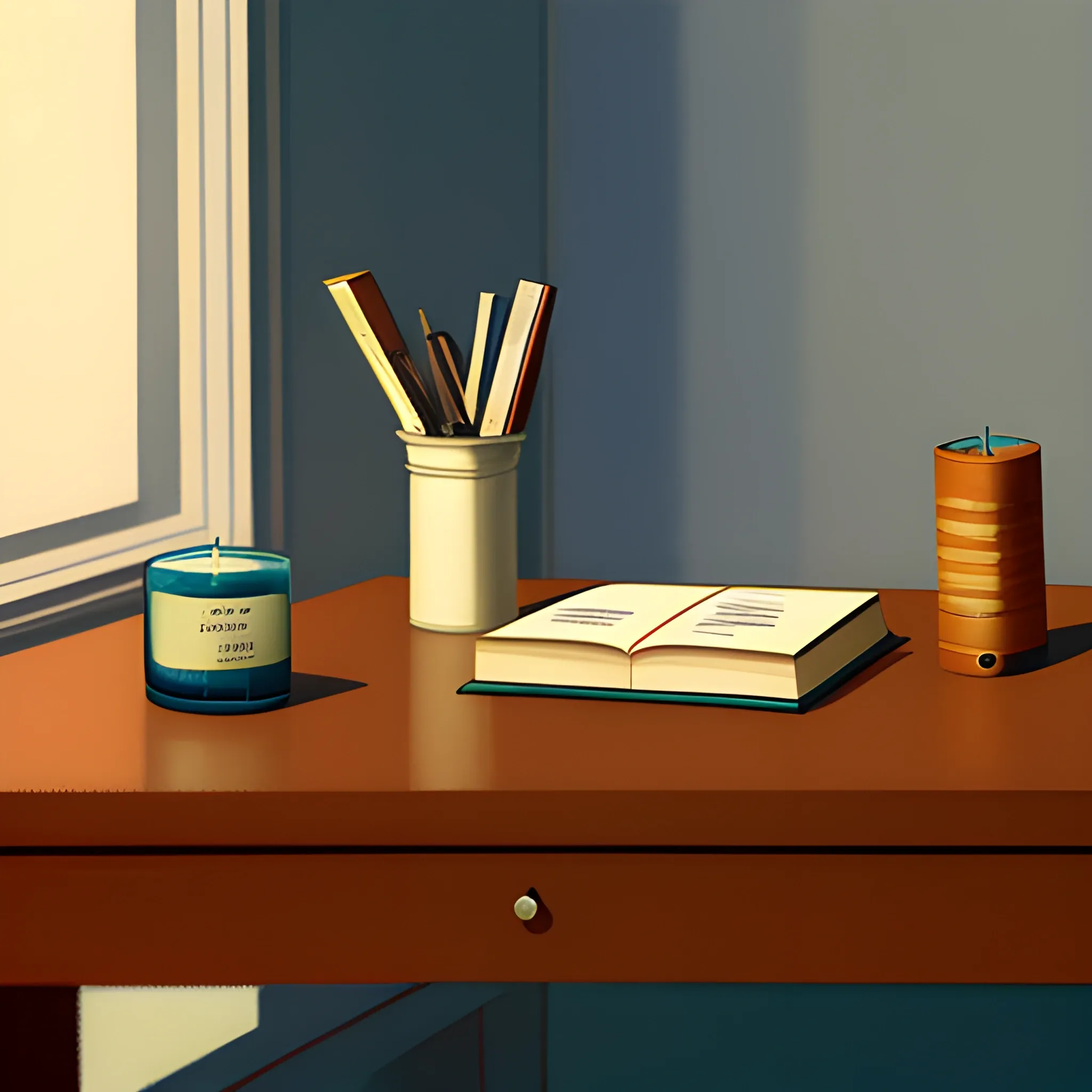 close up shot of items on table in contemporary home, still life, books, candle, day, very coherent, painted by Edward Hopper, painted by James Gilleard