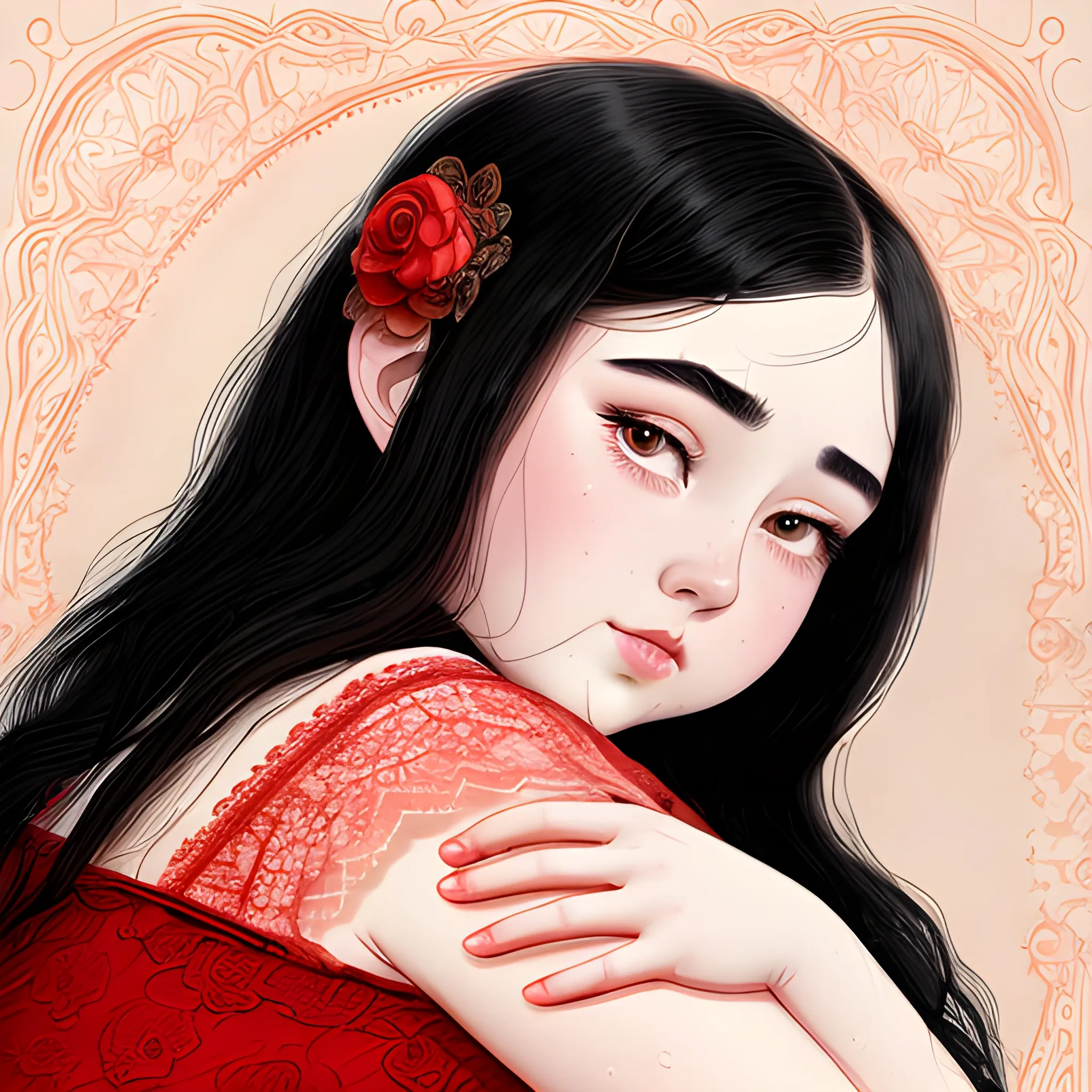 (((high detail))), best quality, Warm Colors, (detailed), Black-haired woman, curved face, with rosy cheeks, big black eyes, thick eyelashes, thick peach lips, thick eyebrows, upturned nose, lying on water, in a red lace dress. and a cat in arms