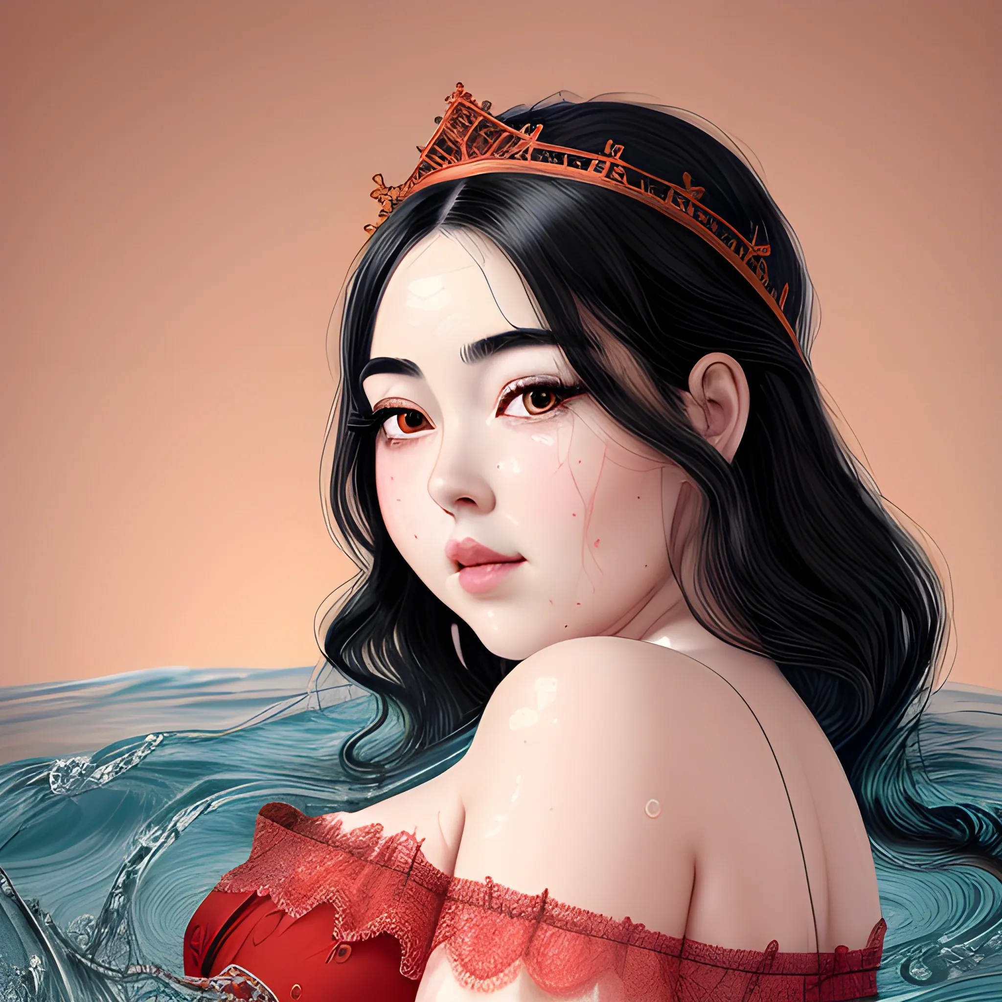 (((high detail))), best quality, Warm Colors, (detailed), Black-haired woman, curved face, with rosy cheeks, big black eyes, thick eyelashes, thick peach lips, thick eyebrows, upturned nose, lying on water, in a red lace dress with a crown