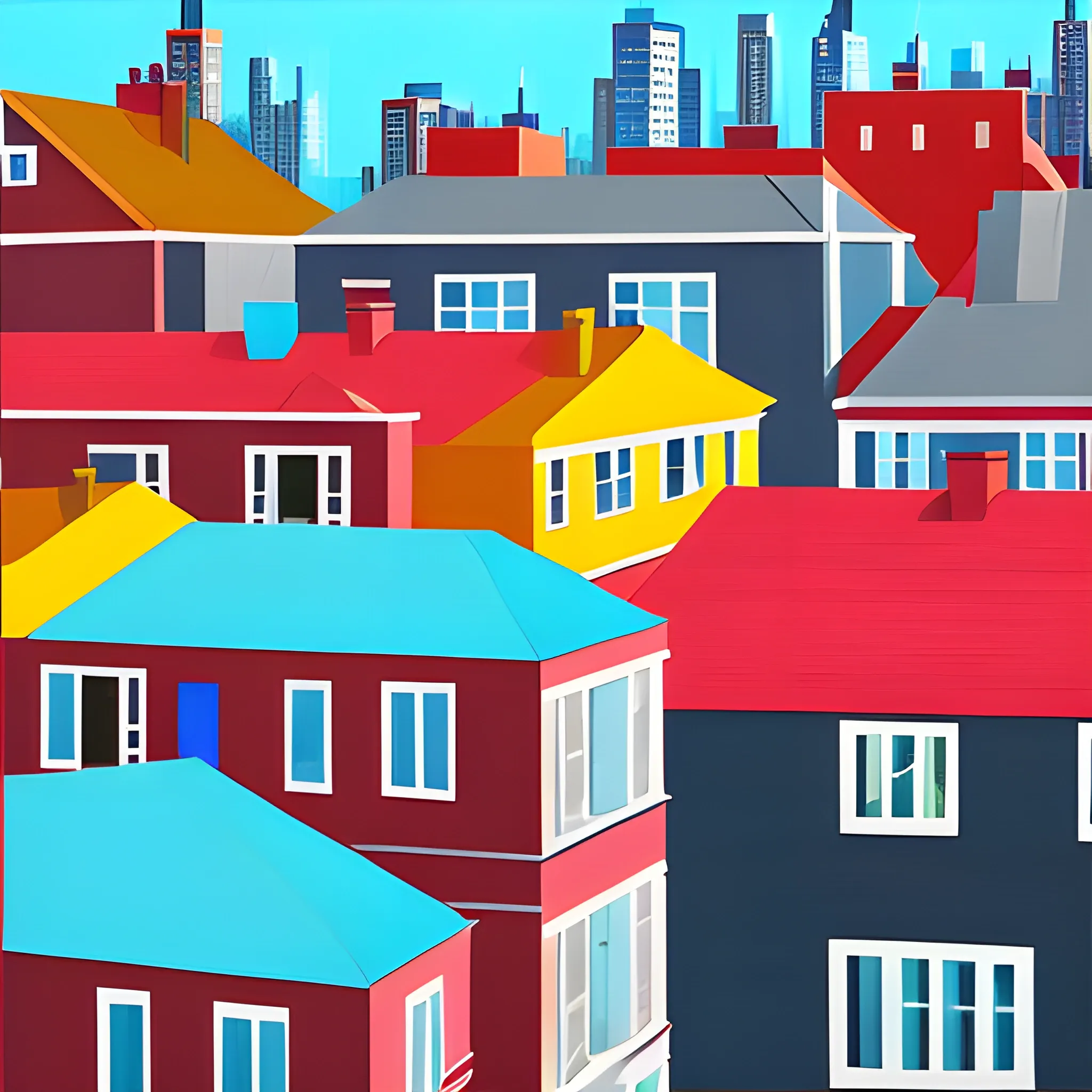 rooftops, city, neighbourhood, simple, vibrant colors, acrylic painting in the style of gordon leverton