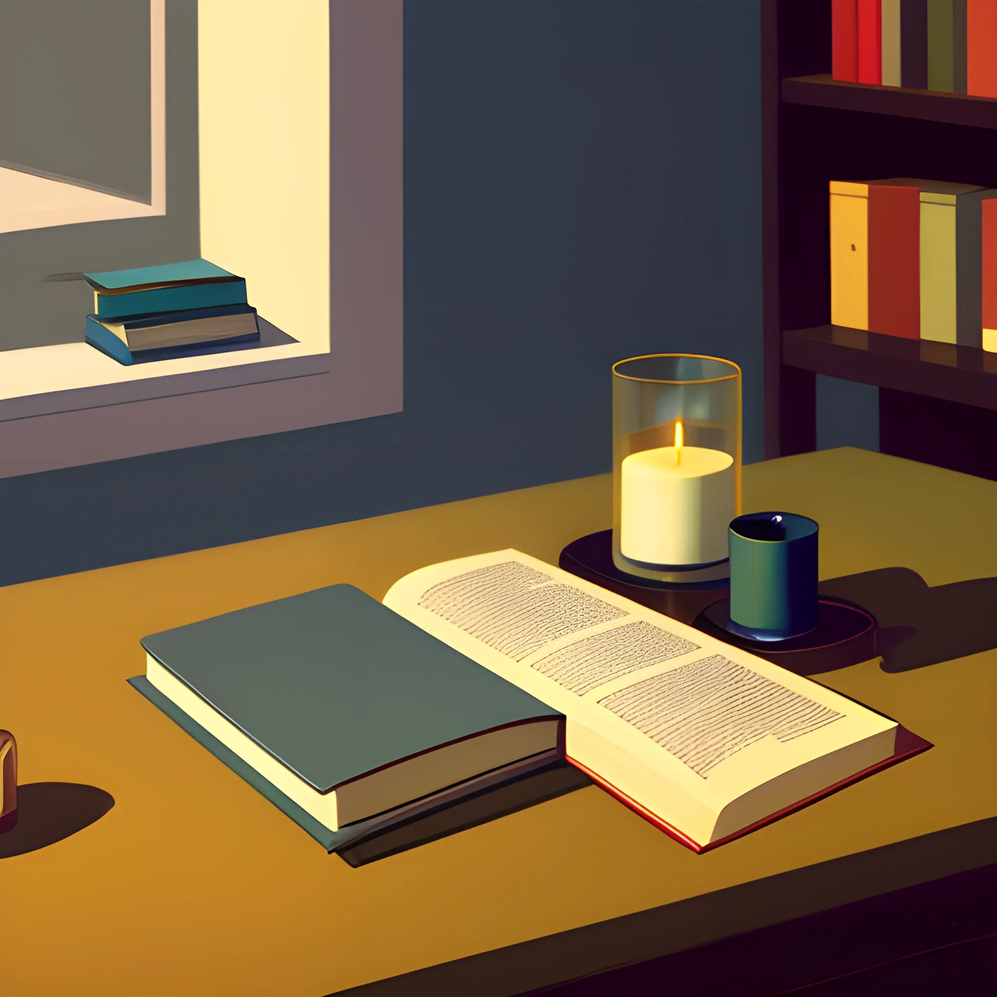 close up shot of items on table in contemporary home, still life, books, candle, very coherent, painted by Edward Hopper, painted by James Gilleard