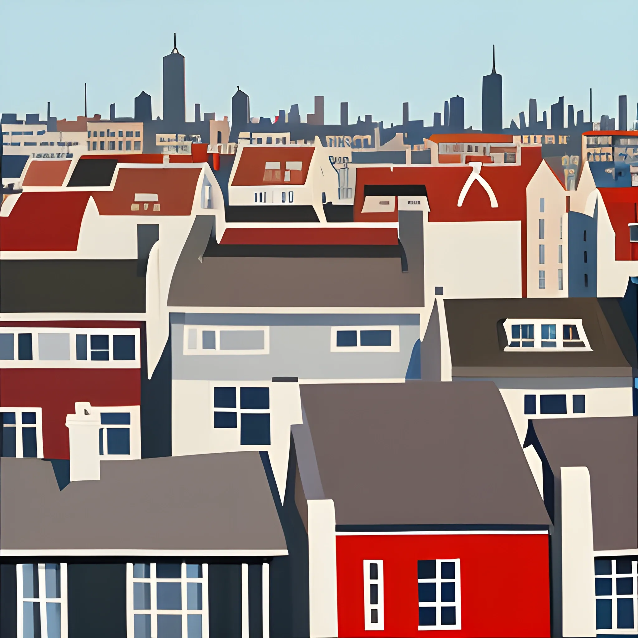 rooftops, city, neighbourhood, simple, acrylic painting in the style of gordon leverton