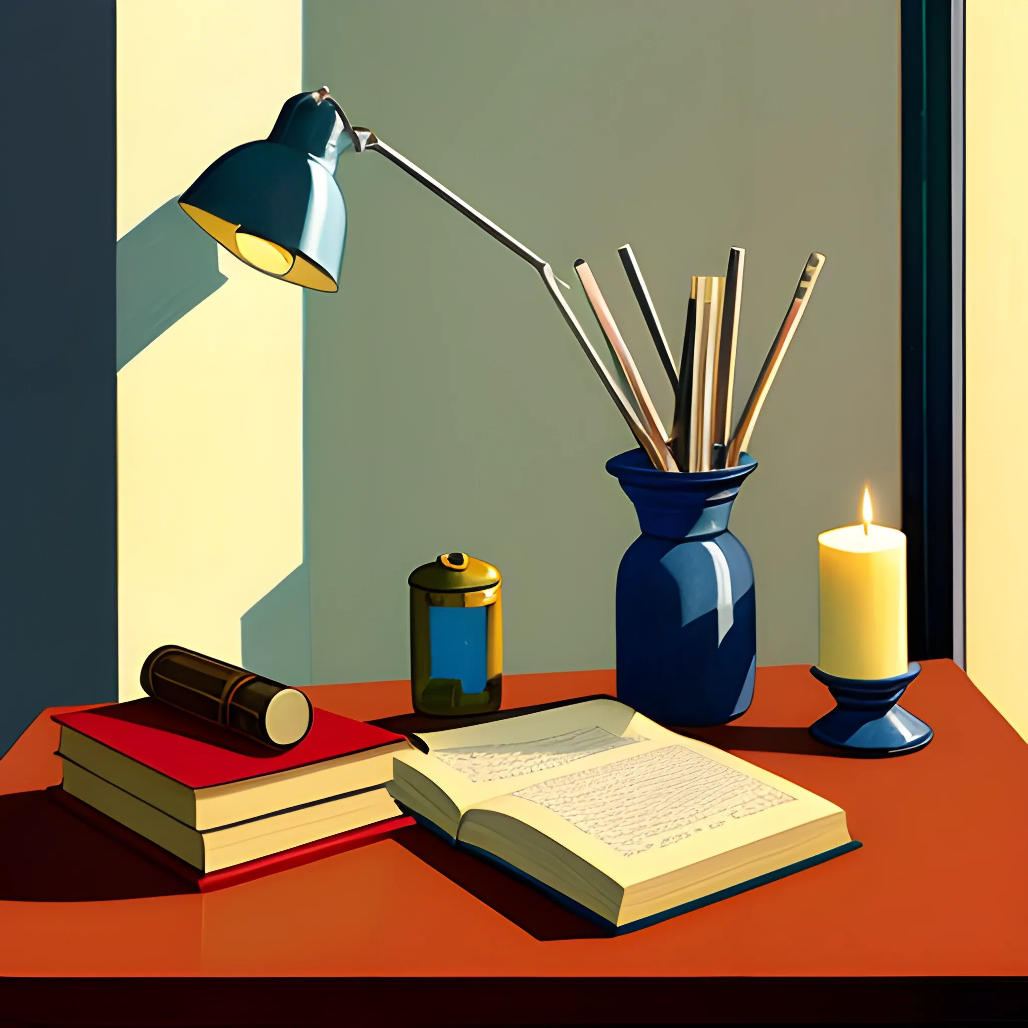 close up shot of items on table in contemporary home, still life, books, candle, note, very coherent, painted by Edward Hopper, painted by James Gilleard