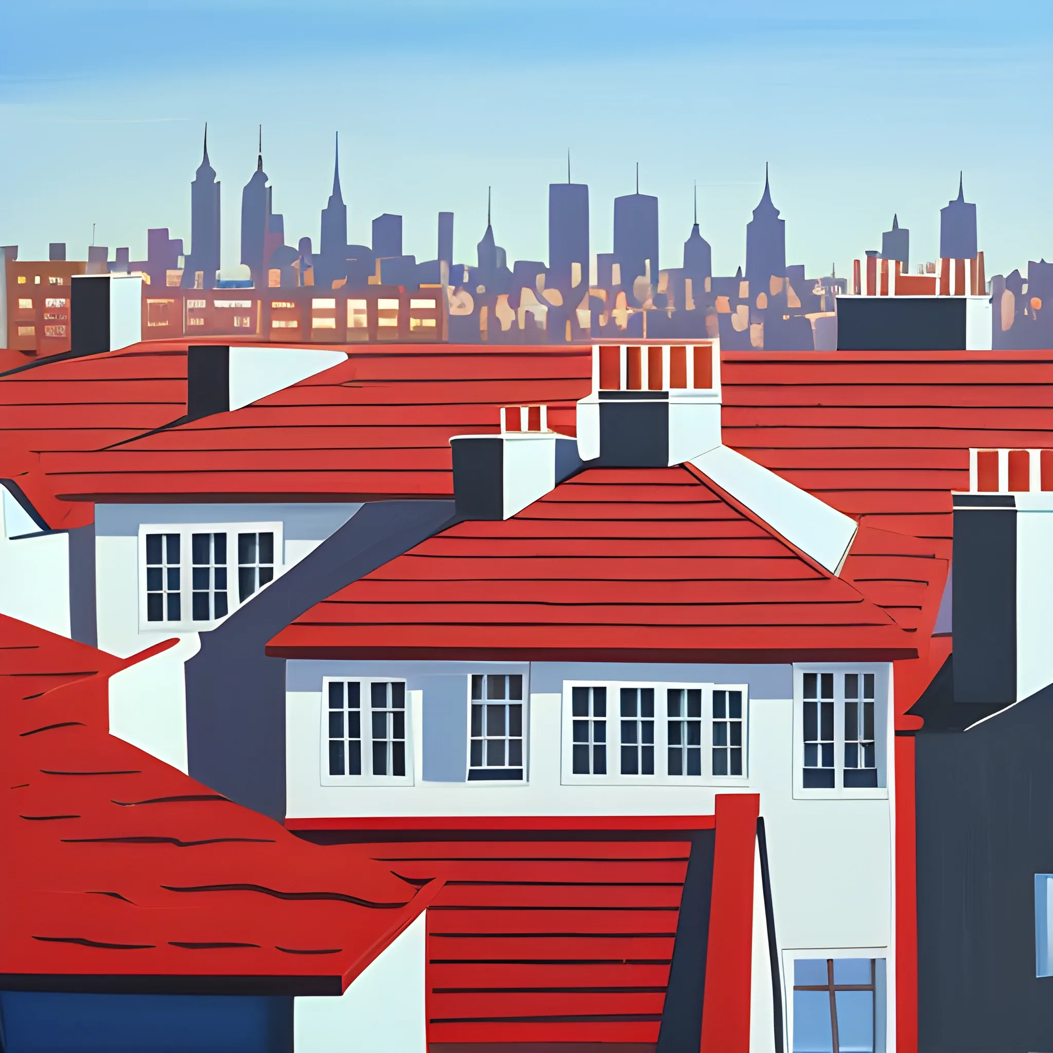 side angle view of rooftops, city, neighborhood, simple, shadows, acrylic painting in the style of gordon leverton