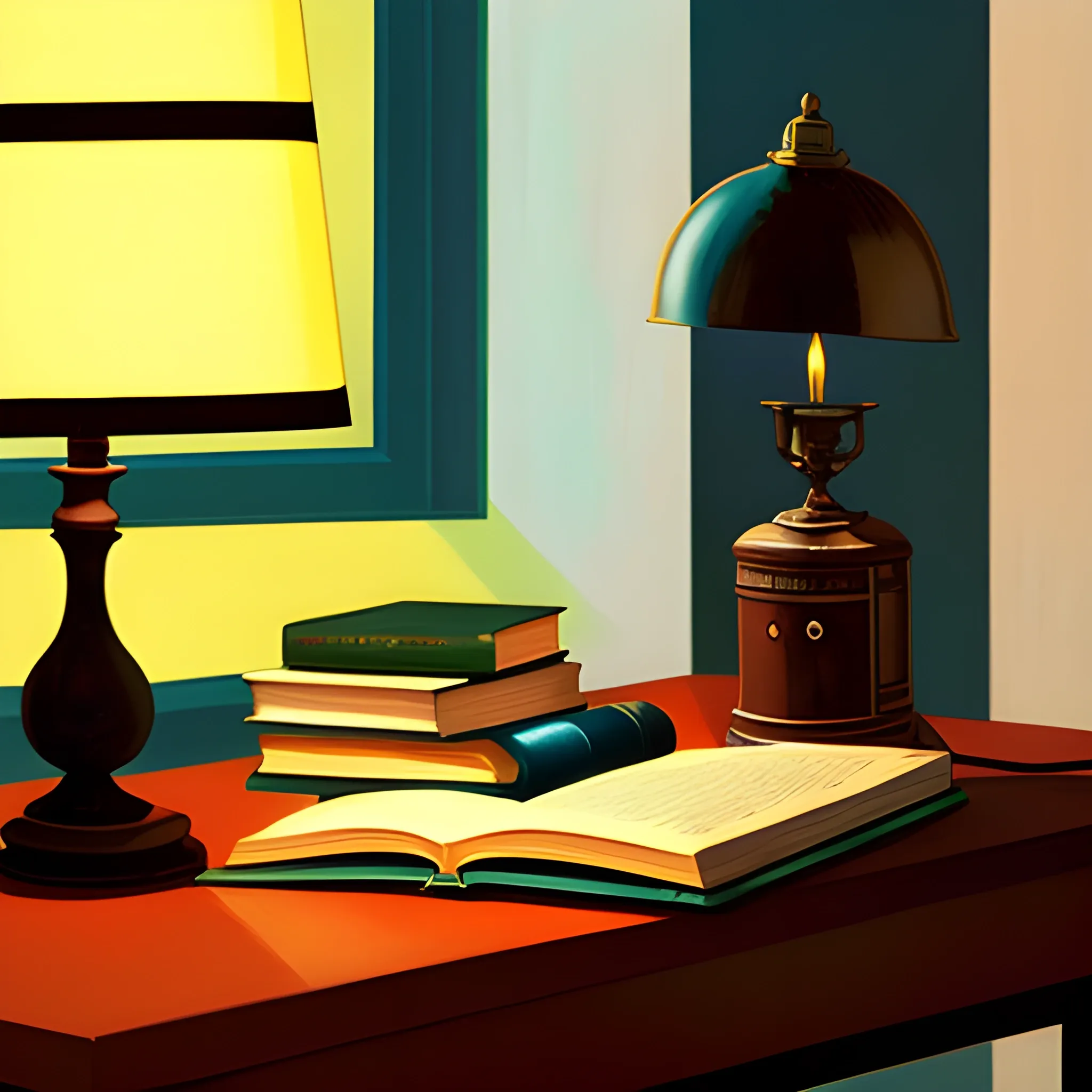 close up shot of items on table in contemporary home, still life, books, candle, lamp, very coherent, painted by Edward Hopper, painted by James Gilleard