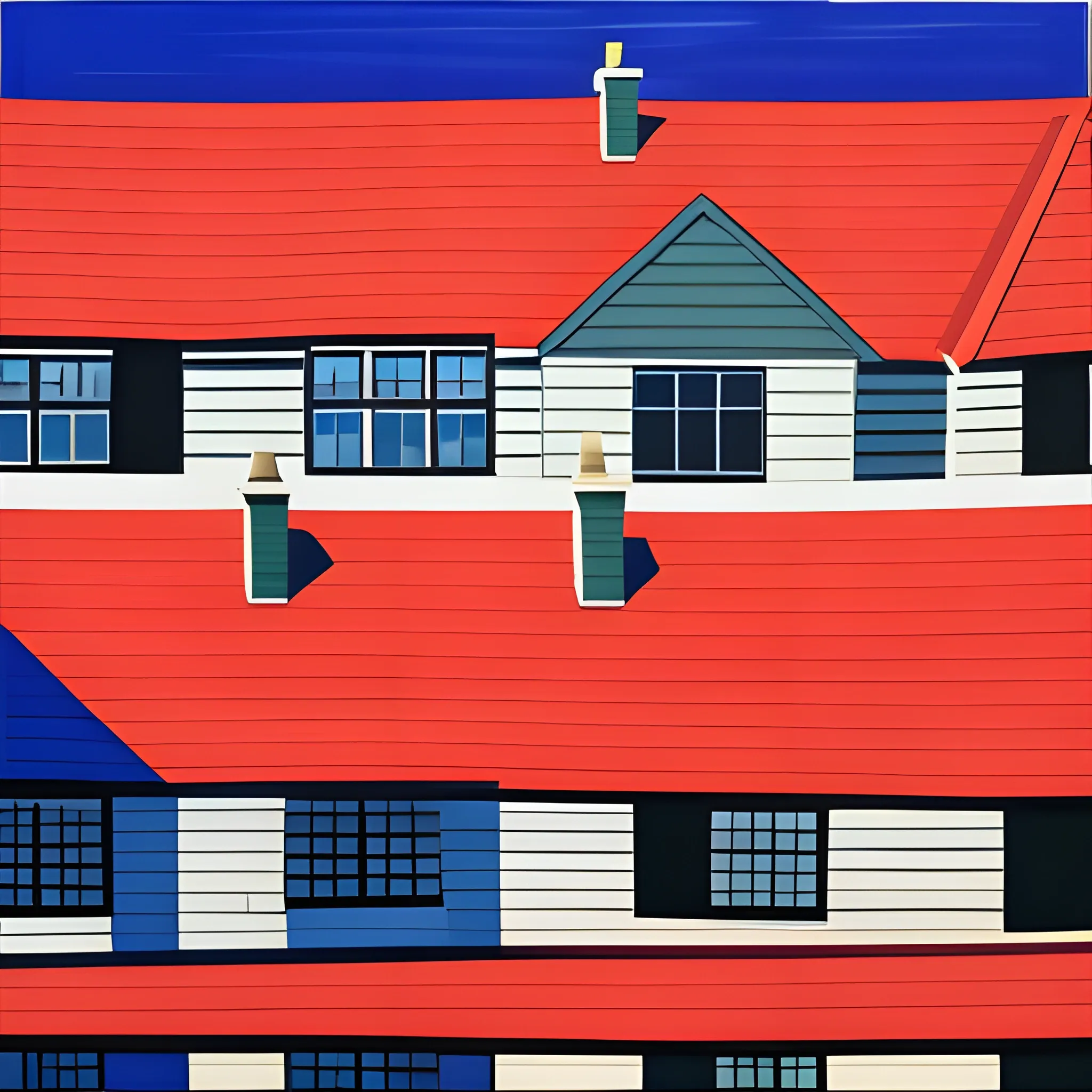 side angle view of rooftops, houses, neighborhood, simple, shadows, acrylic painting in the style of gordon leverton