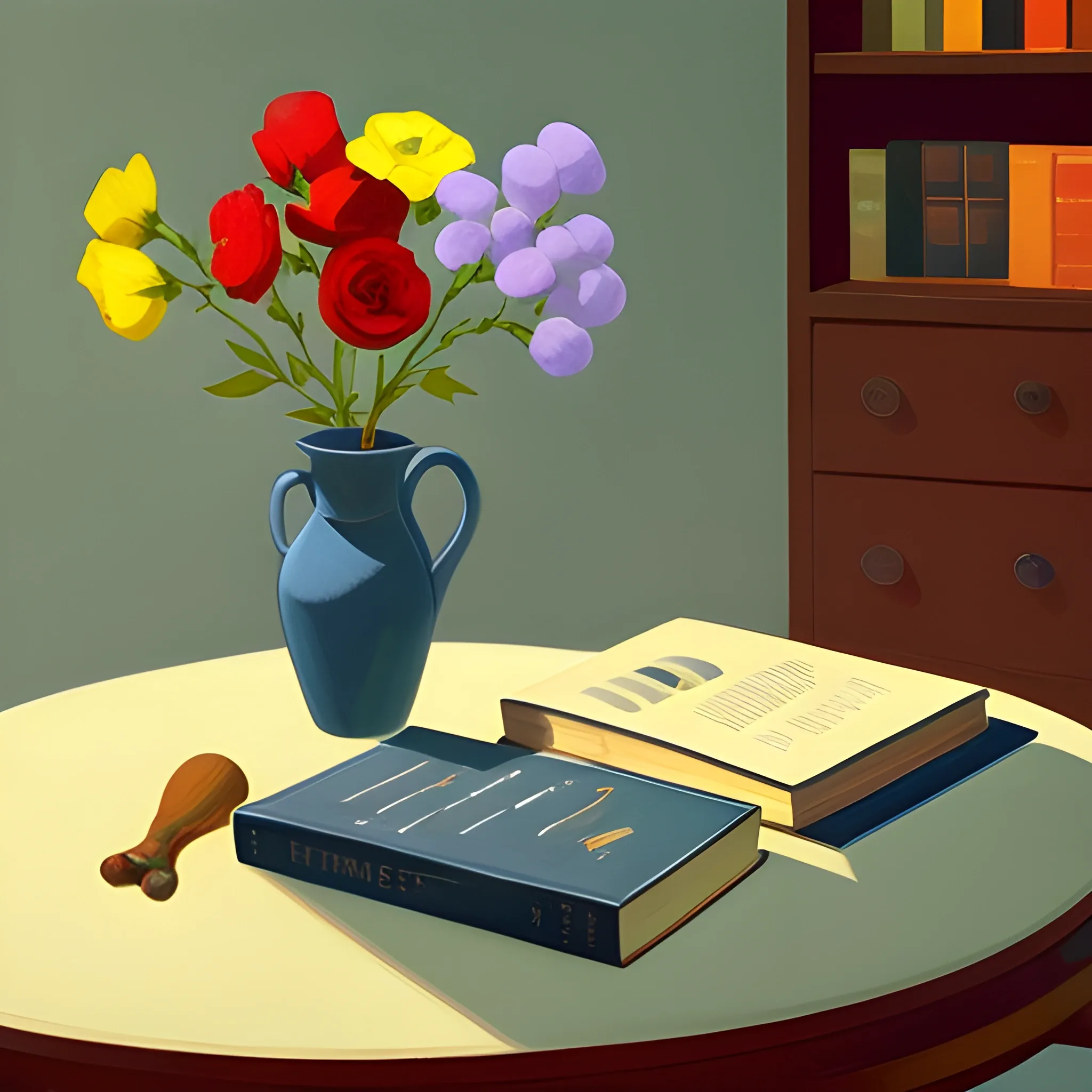 close up shot of items on table in contemporary home, still life, books, candle, flowers, very coherent, painted by Edward Hopper, painted by James Gilleard