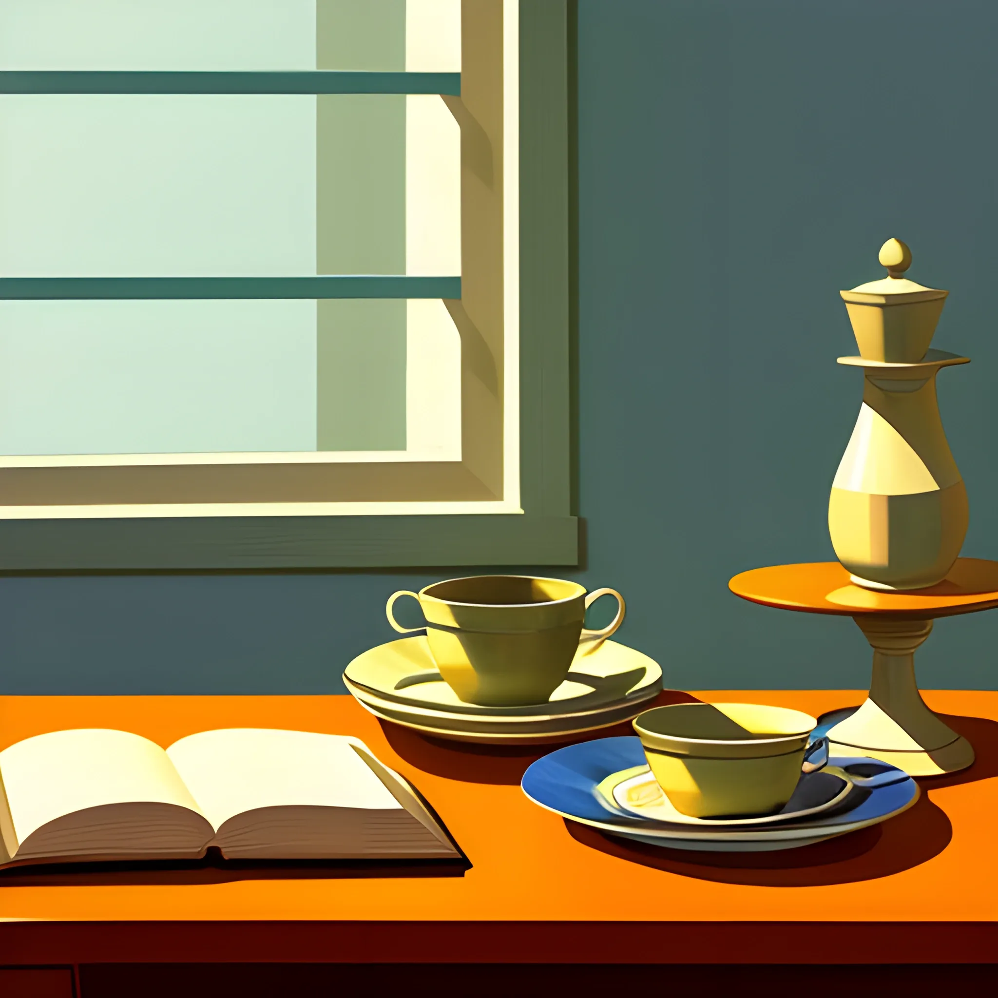 close up shot of items on table in contemporary home, still life, books, plate, very coherent, painted by Edward Hopper, painted by James Gilleard