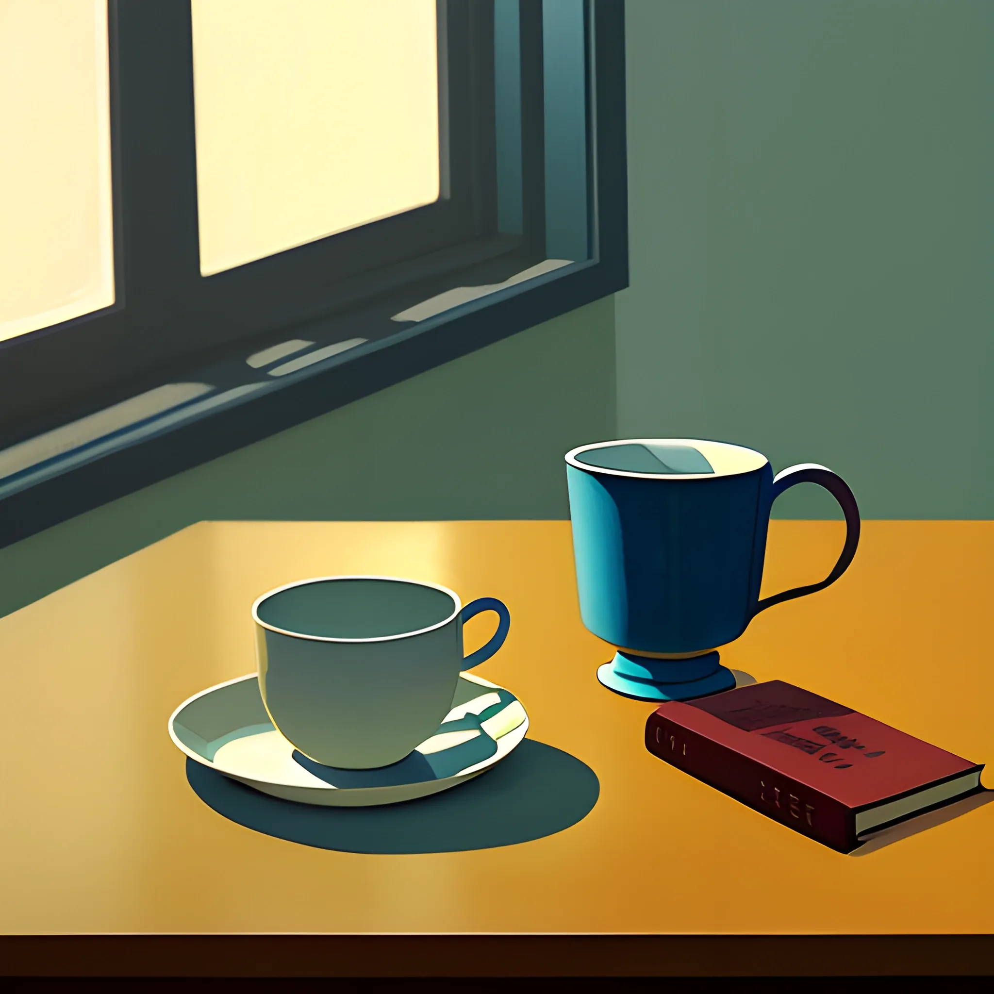 close up shot of items on table in contemporary home, still life, books, cup of tea, very coherent, painted by Edward Hopper, painted by James Gilleard