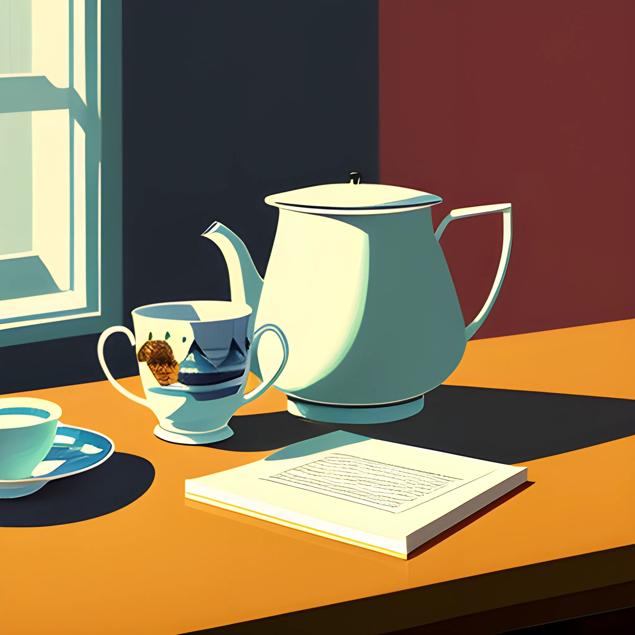 close up shot of items on table in contemporary home, still life, three books, cup of tea, very coherent, painted by Edward Hopper, painted by James Gilleard