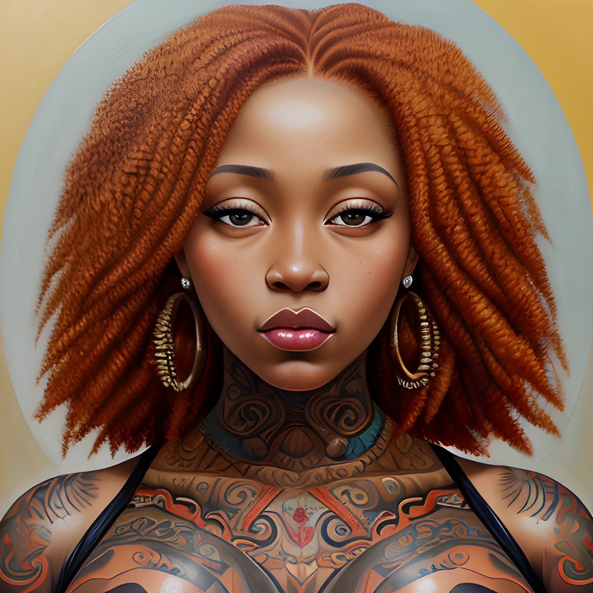 (((high detail))), best quality, Warm Colors, (detail) Black woman, big brown eyes, full lips, abundant eyelashes, rounded nose, shoulder length red hair, with tattoos, thick build with curves., Oil Painting