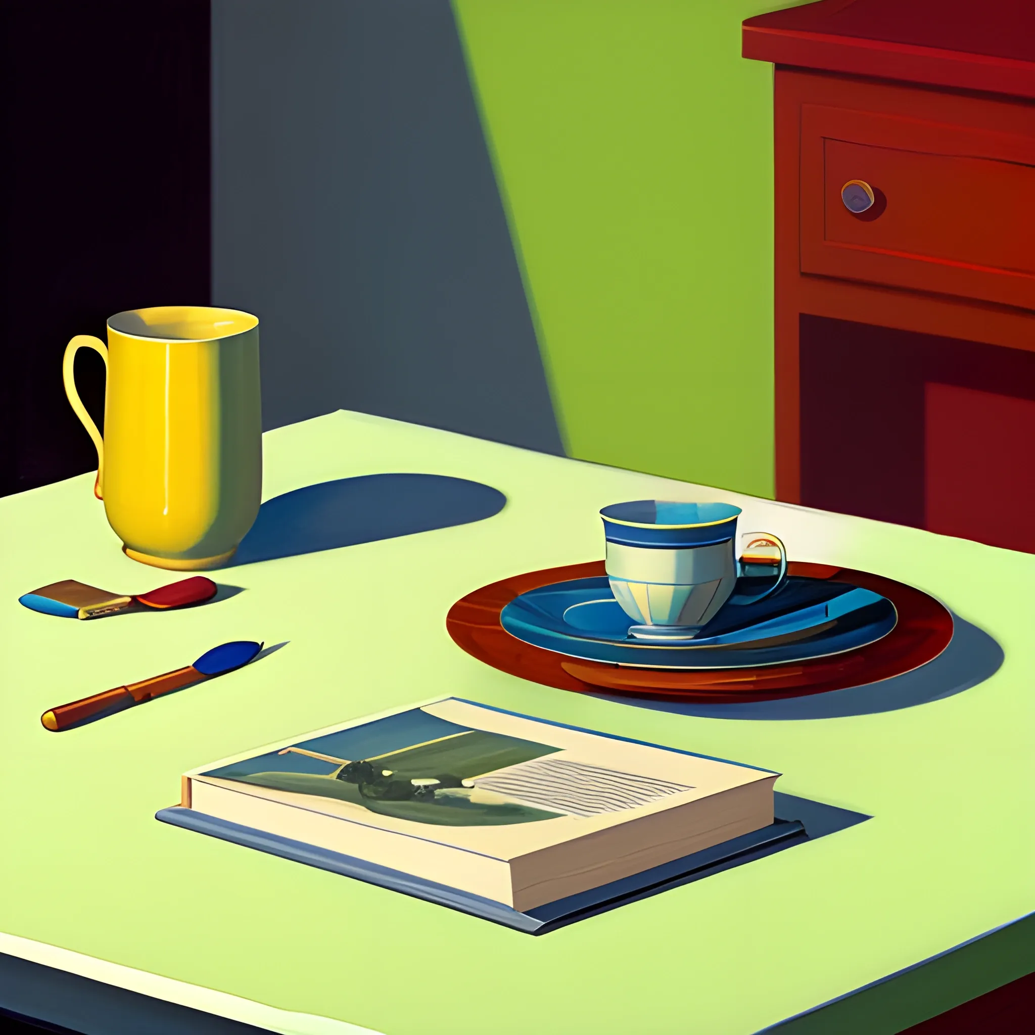 close up shot of items on table in contemporary home, still life, books, plate, cup, very coherent, painted by Edward Hopper, painted by James Gilleard