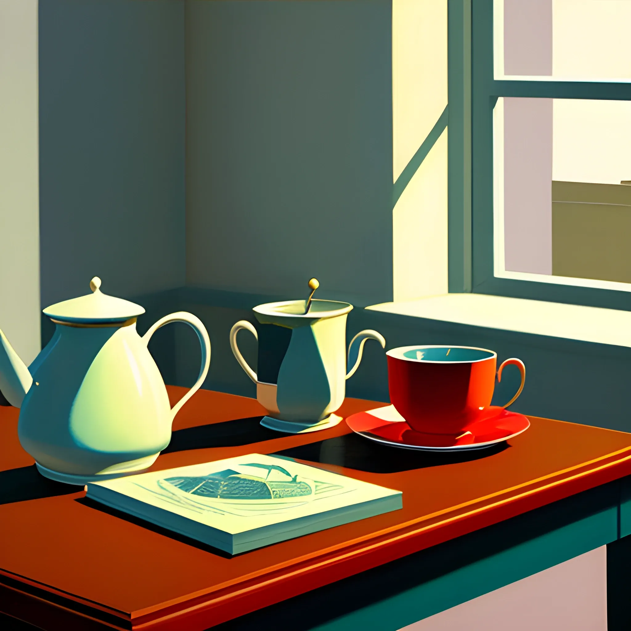 close up shot of items on table in contemporary home, still life, three books, cup of tea, very coherent, painted by Edward Hopper, painted by James Gilleard, acrylic painting