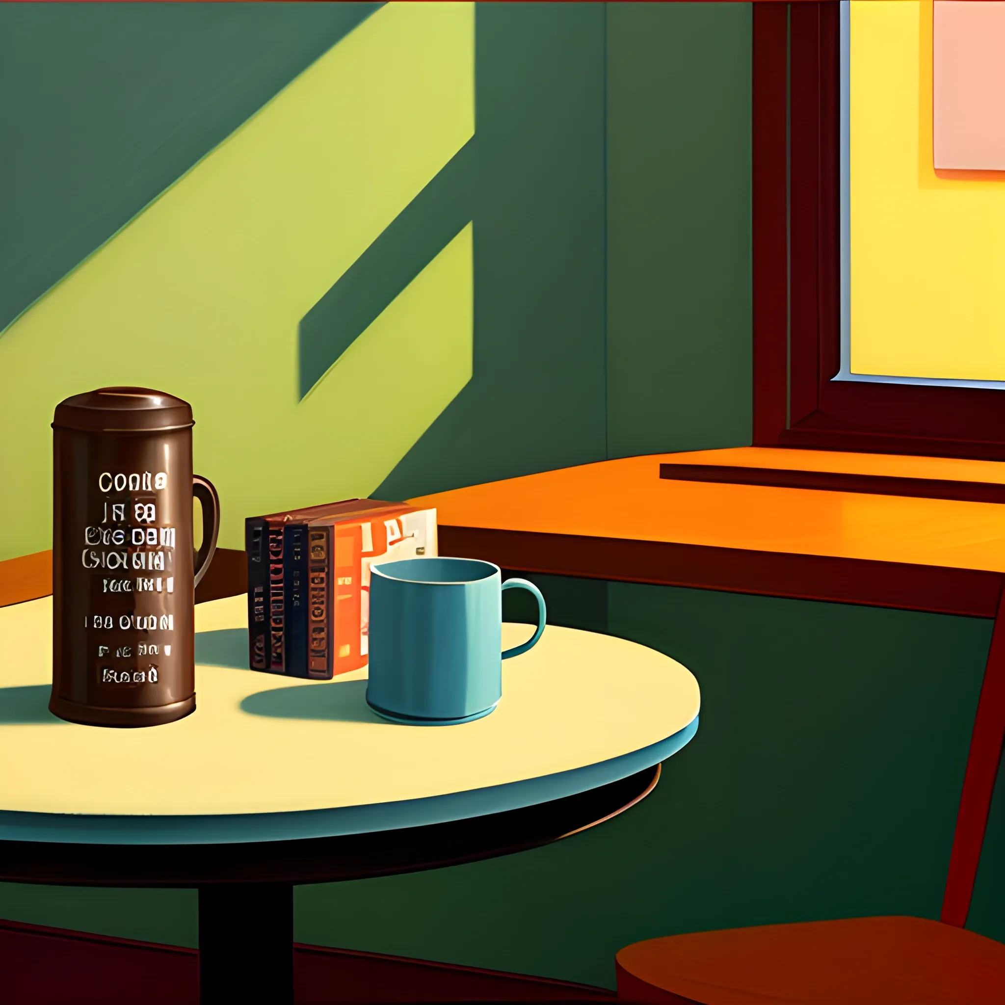 close up shot of items on table in contemporary home, still life, books, mug, chocolate bar, very coherent, painted by Edward Hopper, painted by James Gilleard