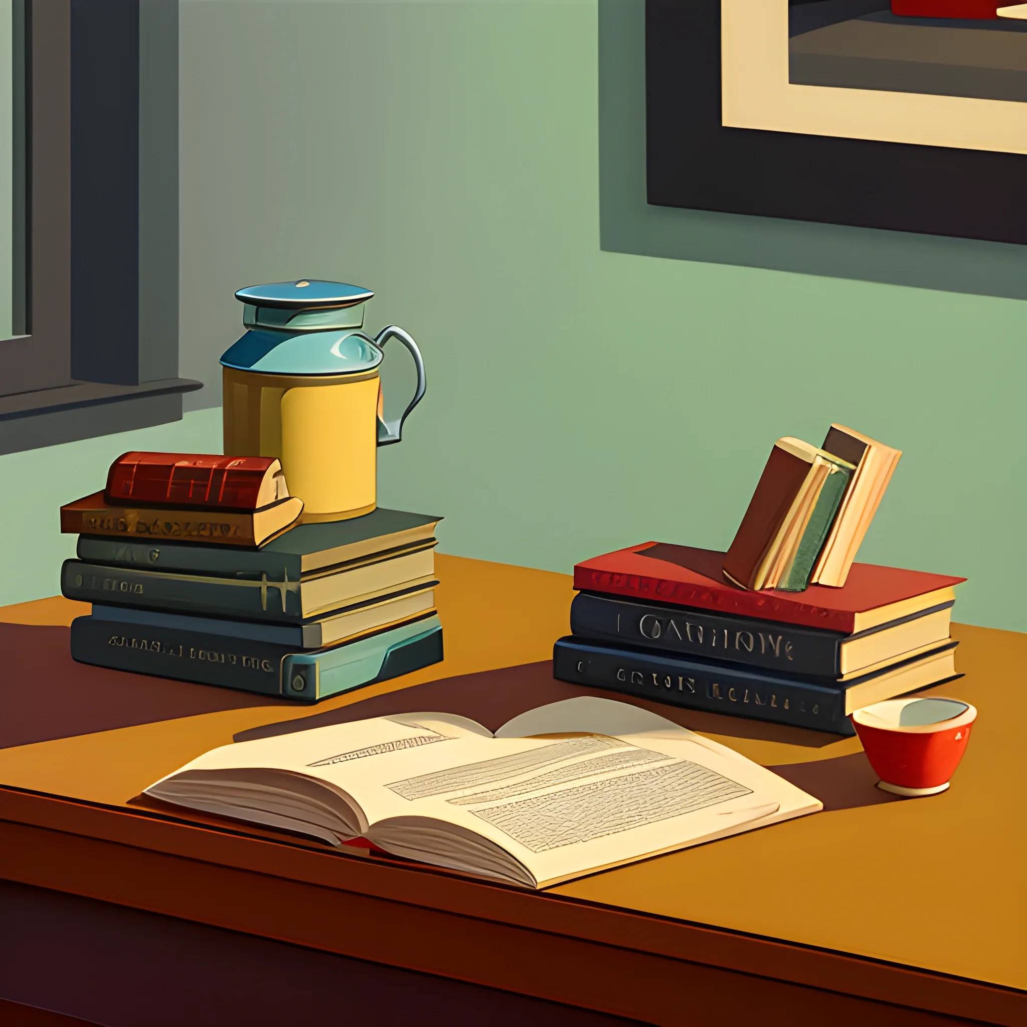 close up shot of items on table in contemporary home, still life, books, food, very coherent, painted by Edward Hopper, painted by James Gilleard