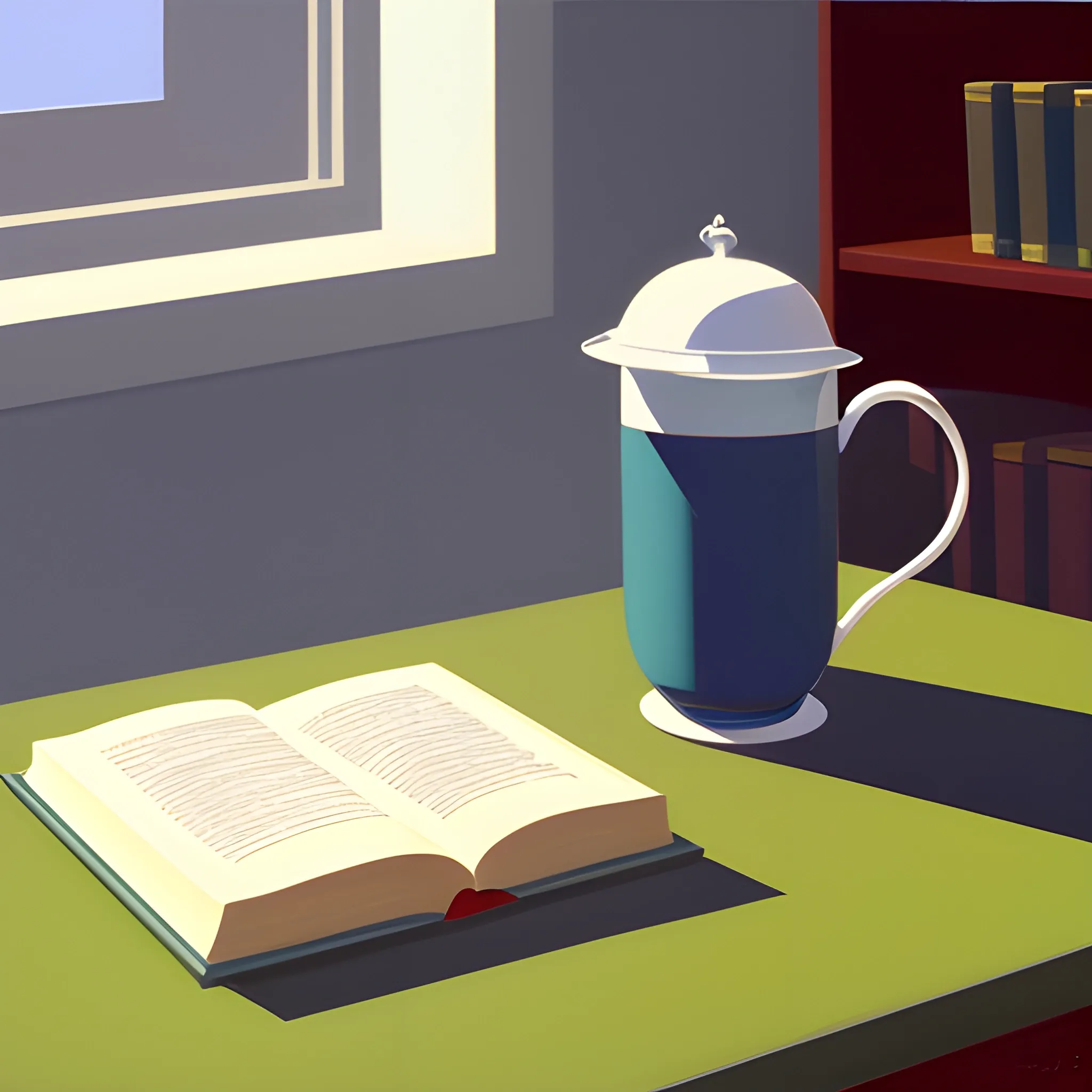 close up shot of items on table in contemporary home, still life, books, cup of tea, very coherent, painted by Edward Hopper, painted by James Gilleard, acrylic painting