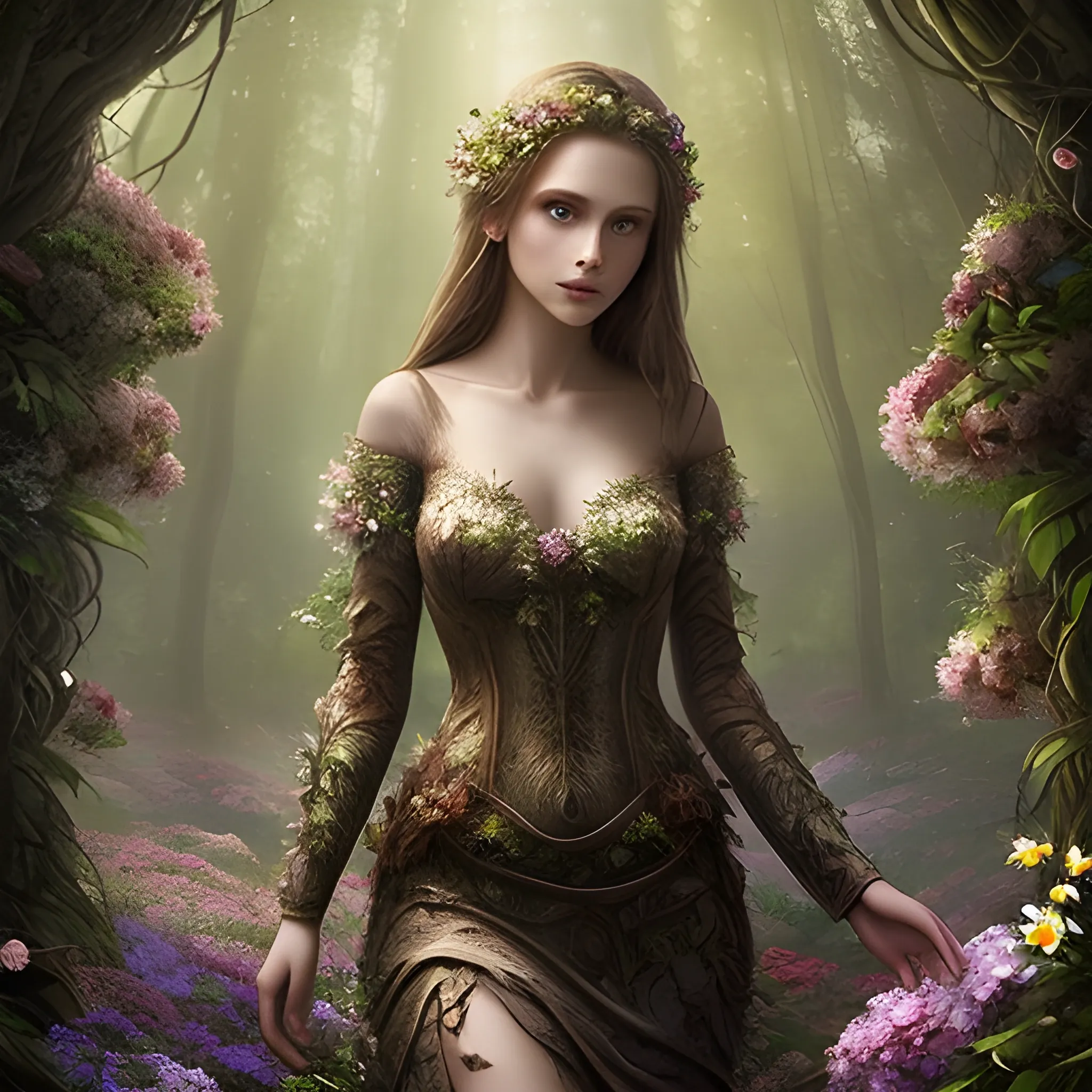 Stable Diffusion 1.5. Masterpiece, beautiful brown hair woman, wearing a tight dress made of light, in fantasy forest, surrounded by flowers, forest has a sense of mystery, godrays, ultra detailed, moody