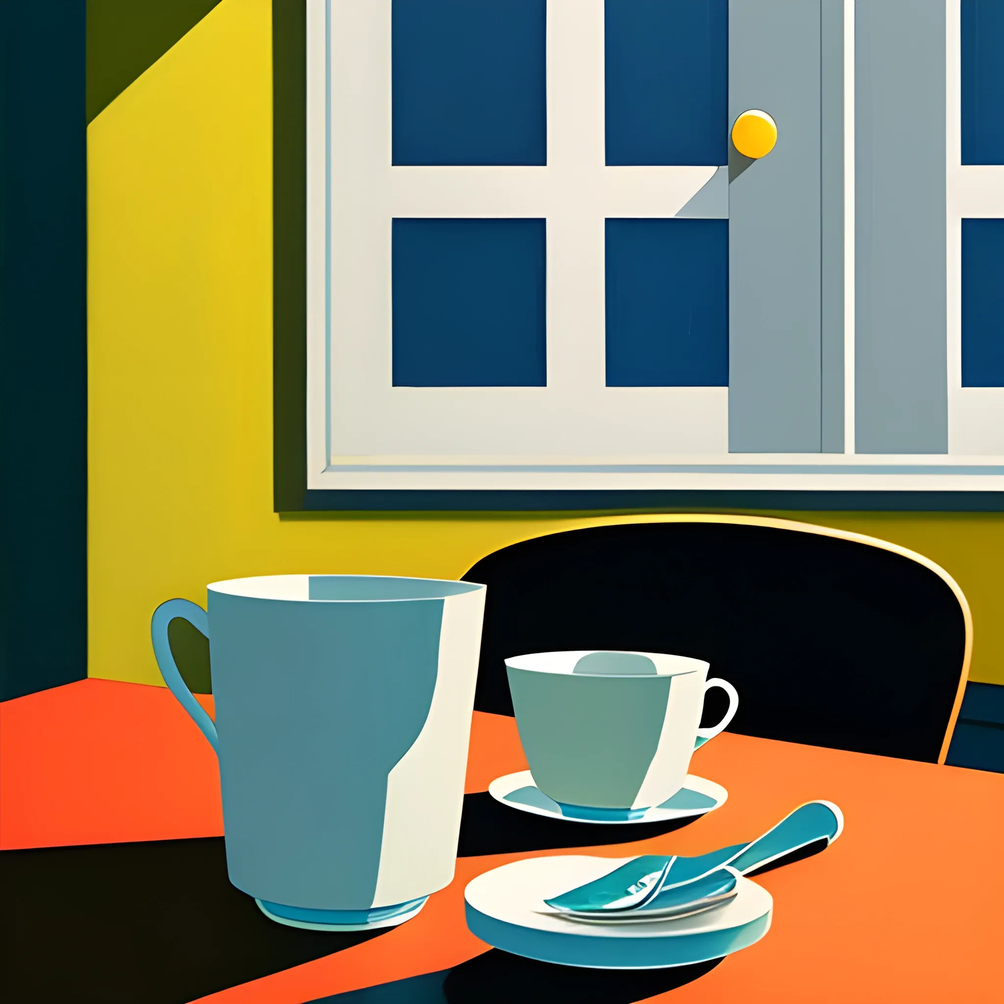 close up shot of items on kitchen table in contemporary home, still life, cups, very coherent, painted by Edward Hopper, painted by James Gilleard