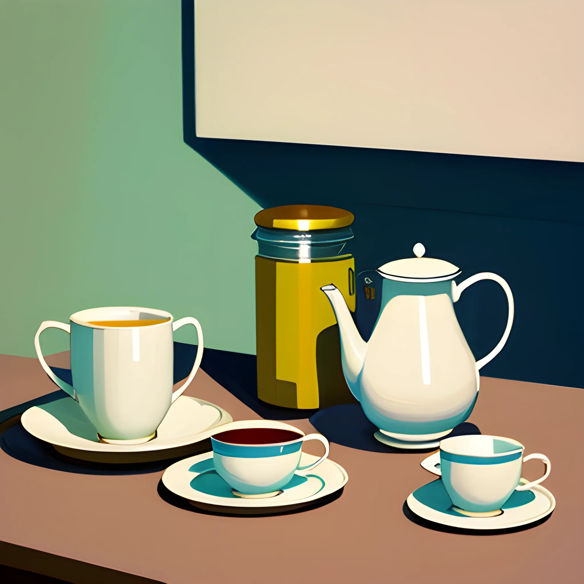 close up shot of items on table in contemporary home, still life, mug, tea, plate, very coherent, painted by Edward Hopper, painted by James Gilleard, acrylic painting