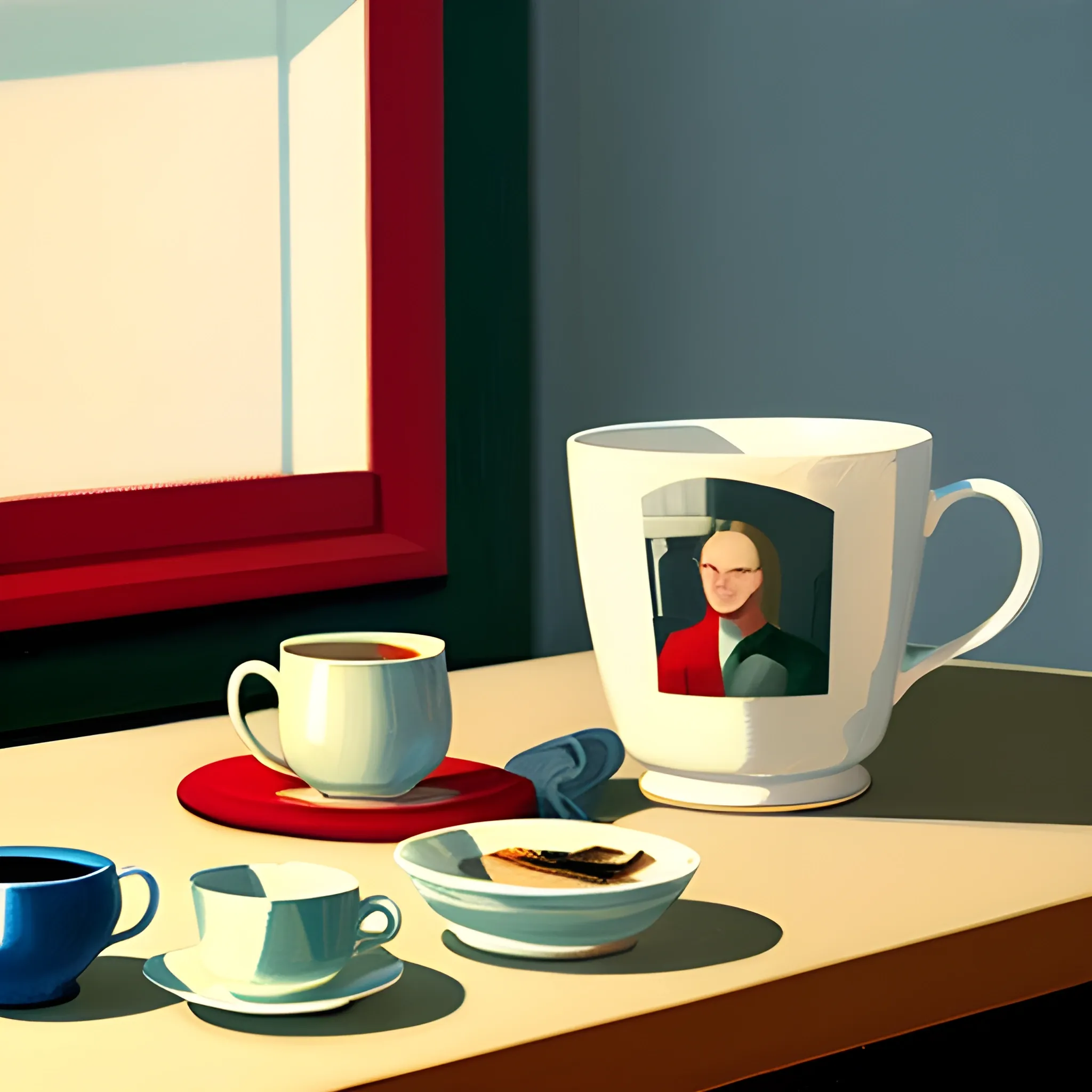 close up shot of items on table in contemporary home, still life, mug, tea, best friends, very coherent, painted by Edward Hopper, painted by James Gilleard, acrylic painting