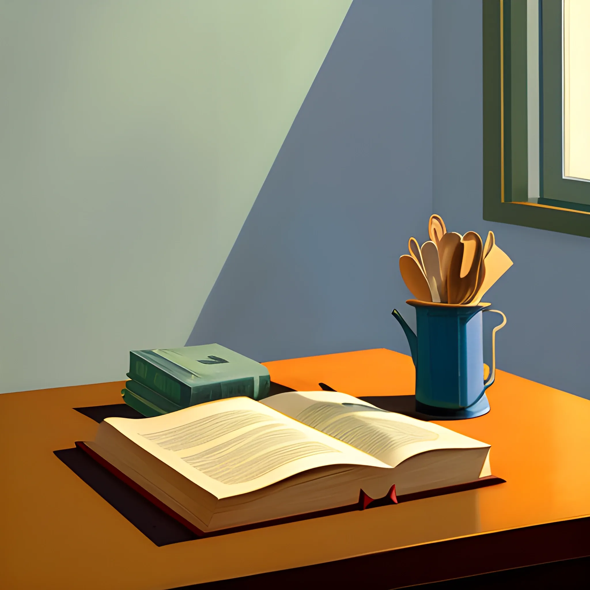 close up shot of items on kitchen table in contemporary home, still life, books, very coherent, painted by Edward Hopper, painted by James Gilleard