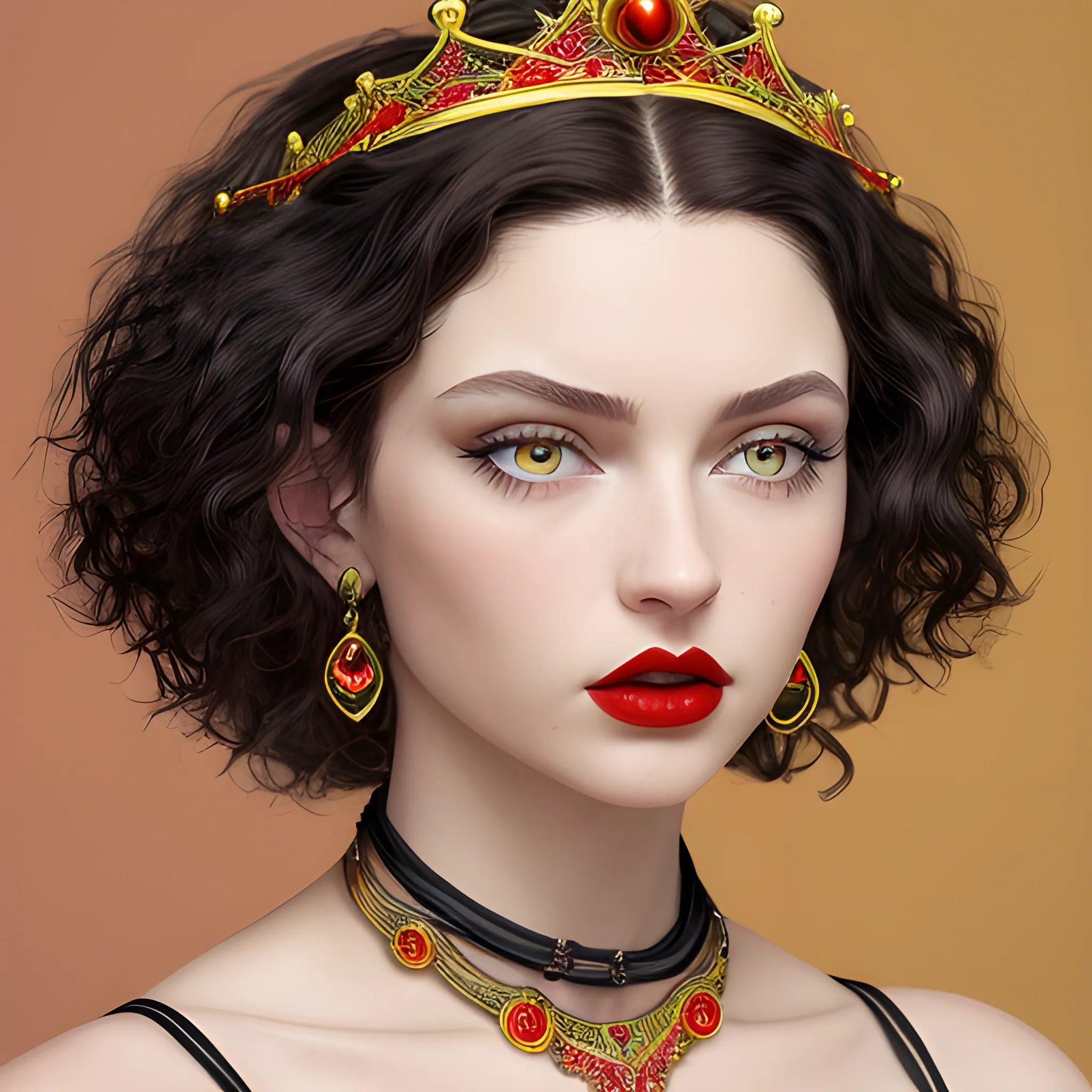 (((high detail))), best quality, Warm Colors, (detail) beautiful Caucasian female with back-length curly black hair, long eyelashes, red lips, big hazel eyes, makeup, pronounced jawline, wearing sensual breasts big, curvy, wearing a queen crown with a colorful background similar to a davinci painting, wearing a spaguetti strap black dress and a chocker as a neckless