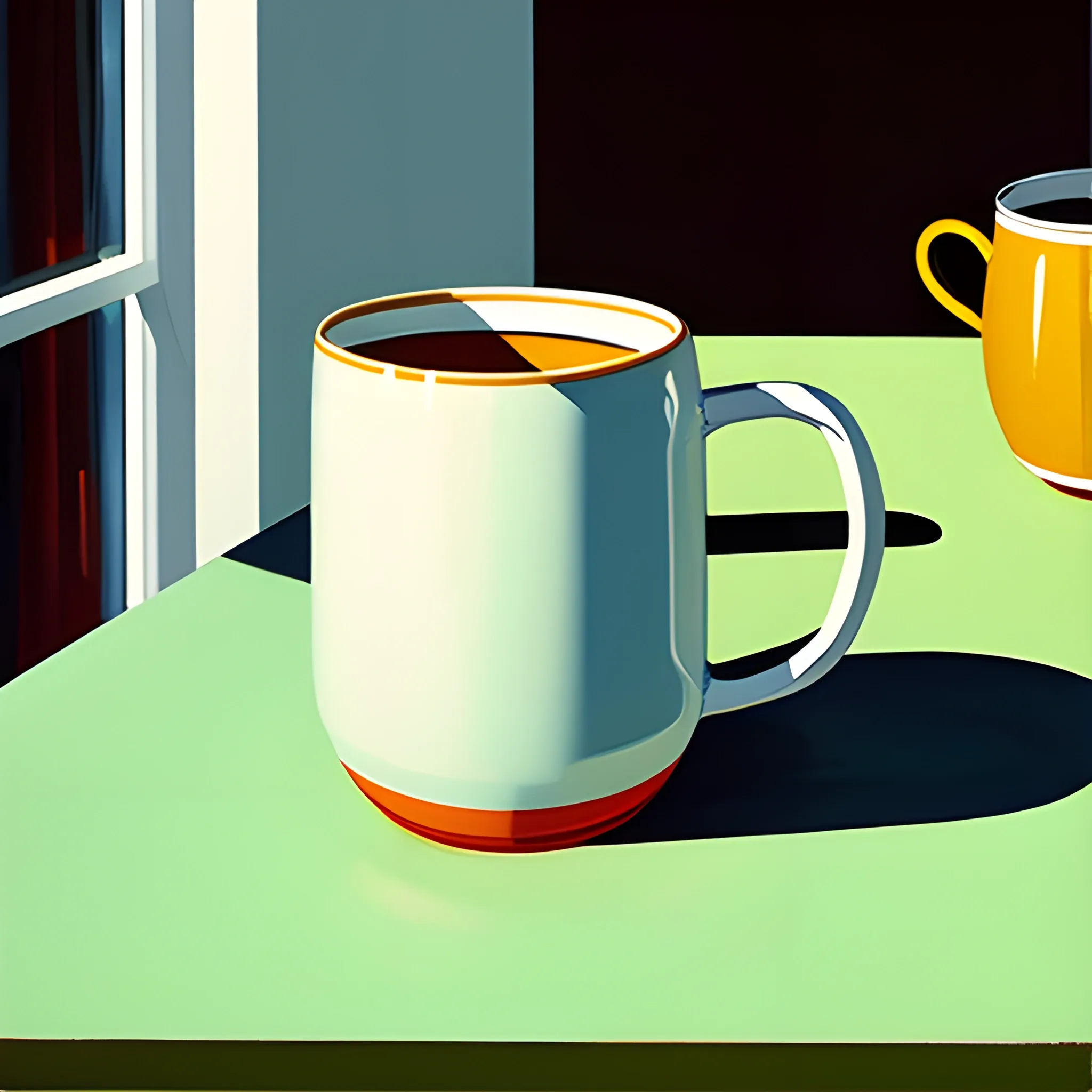 close up shot of items on table in contemporary home, still life, pair of mugs, jar of honey, very coherent, painted by Edward Hopper, painted by James Gilleard, acrylic painting