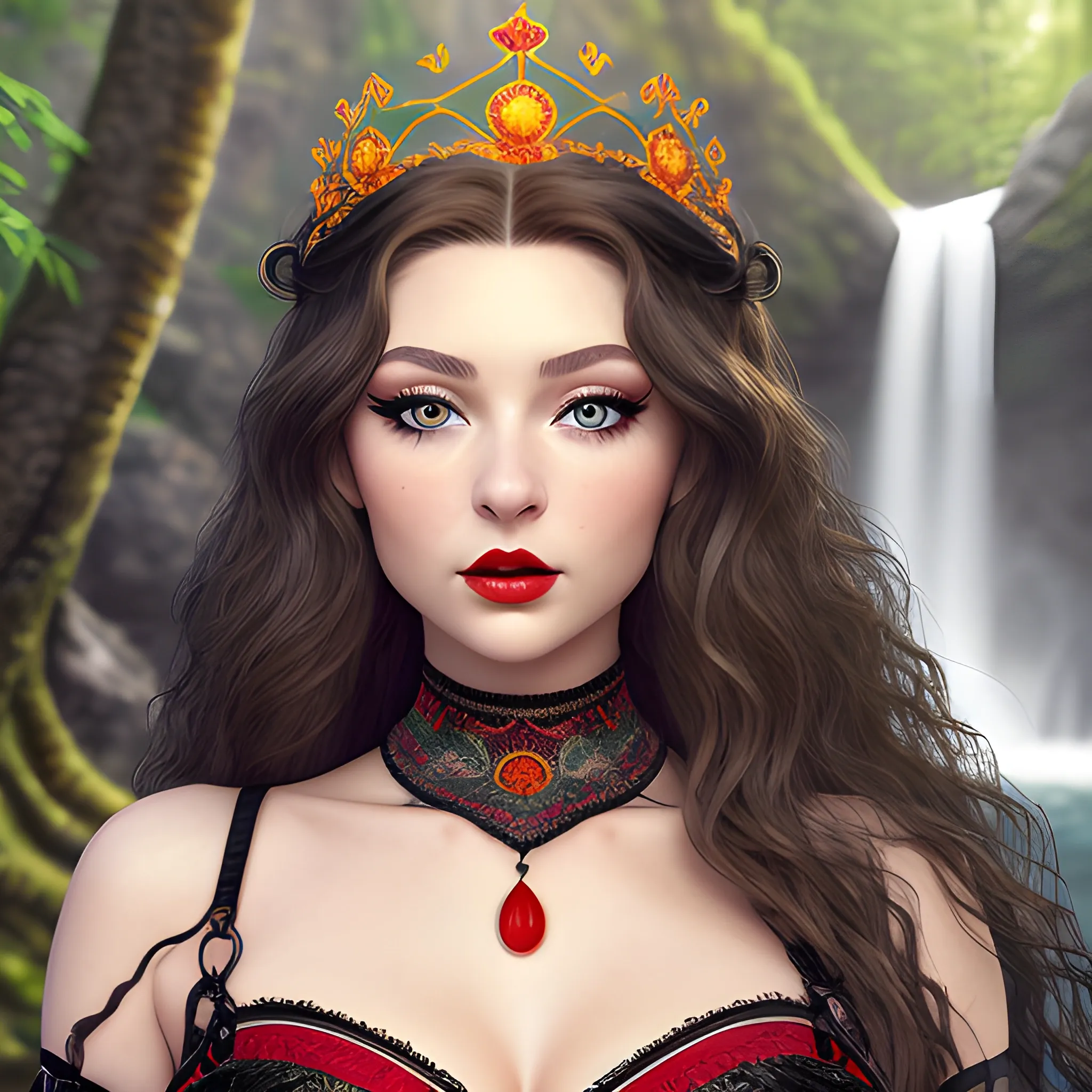 (((high detail))), best quality, Warm Colors, (detail) beautiful Caucasian female with back-length curly black  long hair, long eyelashes, red lips, big hazel eyes, makeup, pronounced jawline, wearing sensual breasts big, curvy, wearing a queen crown with a waterfall background, wearing a spaguetti strap black dress and a chocker as a neckless