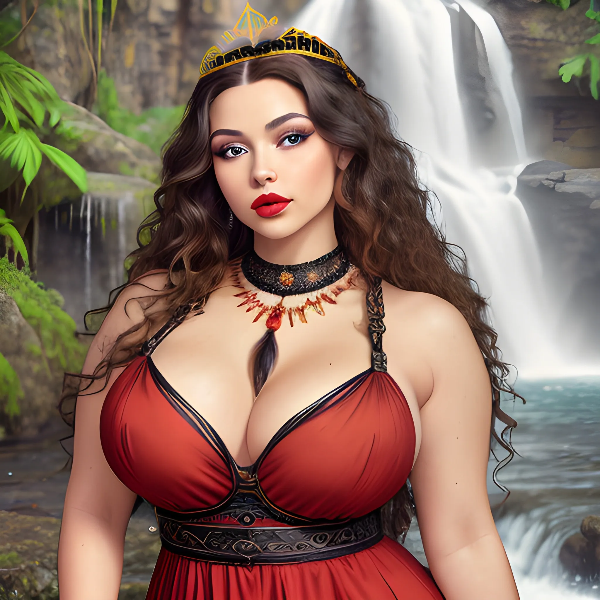 (((high detail))), best quality, Warm Colors, (detail) beautiful Caucasian latin female with back-length curly black  long hair, long eyelashes, red lips, big hazel eyes, makeup, pronounced jawline, wearing sensual breasts big, curvy, wearing a queen crown with a waterfall background, wearing a spaguetti strap black dress and a chocker as a neckless