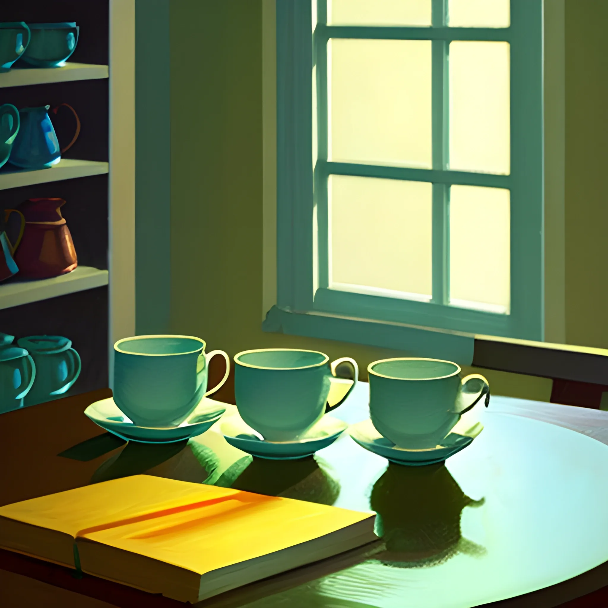 close up shot of items on kitchen table in contemporary home, still life, cups, books, very coherent, painted by Edward Hopper, painted by James Gilleard