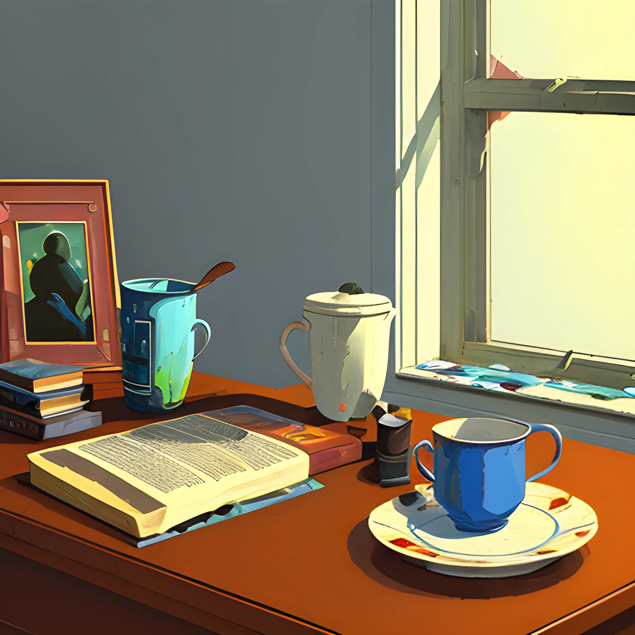 close up shot of items on messy table in contemporary home, still life, books, plate, very coherent, painted by Edward Hopper, painted by James Gilleard, acrylic painting