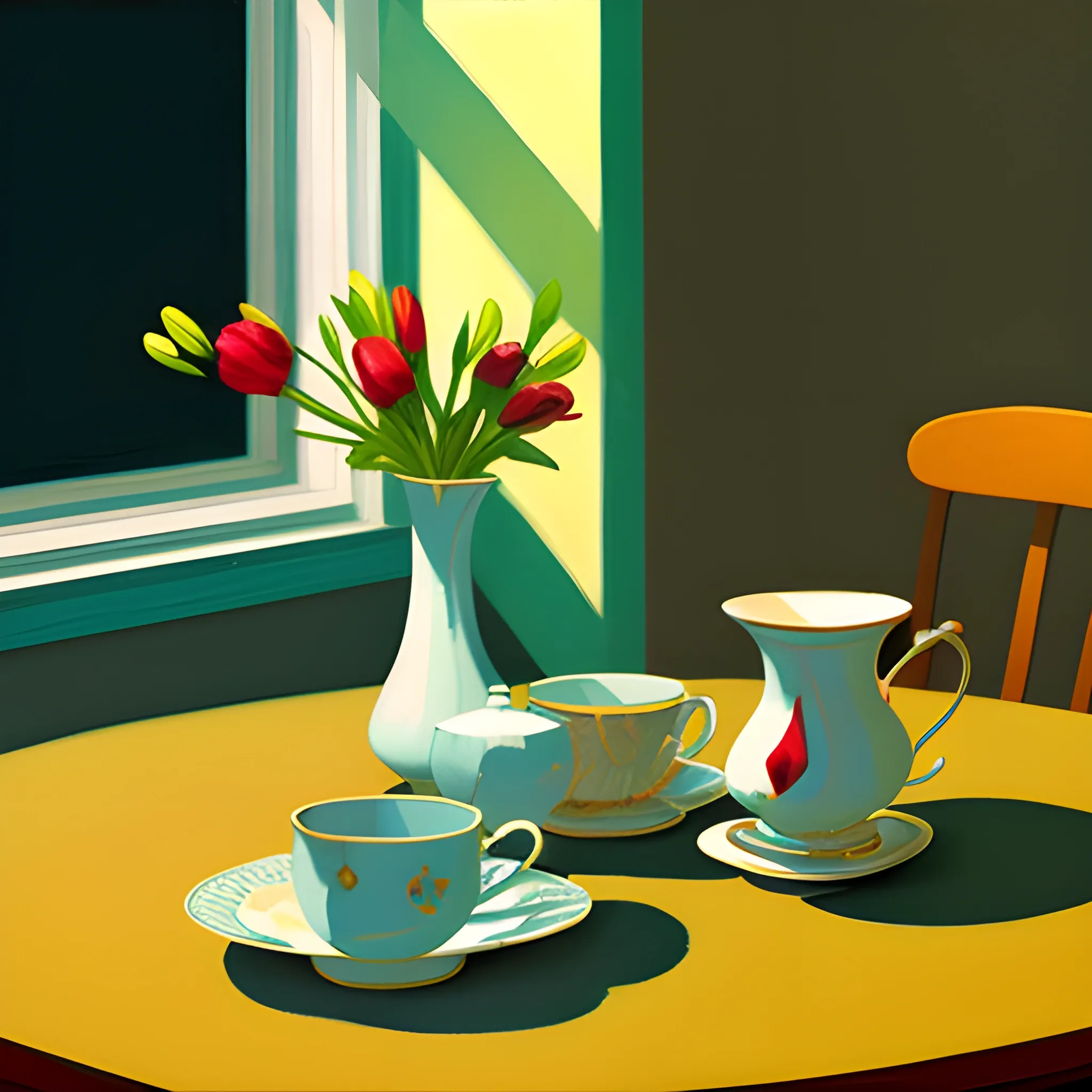 close up shot of items on table in contemporary home, still life, cups, tea party, very coherent, painted by Edward Hopper, painted by James Gilleard