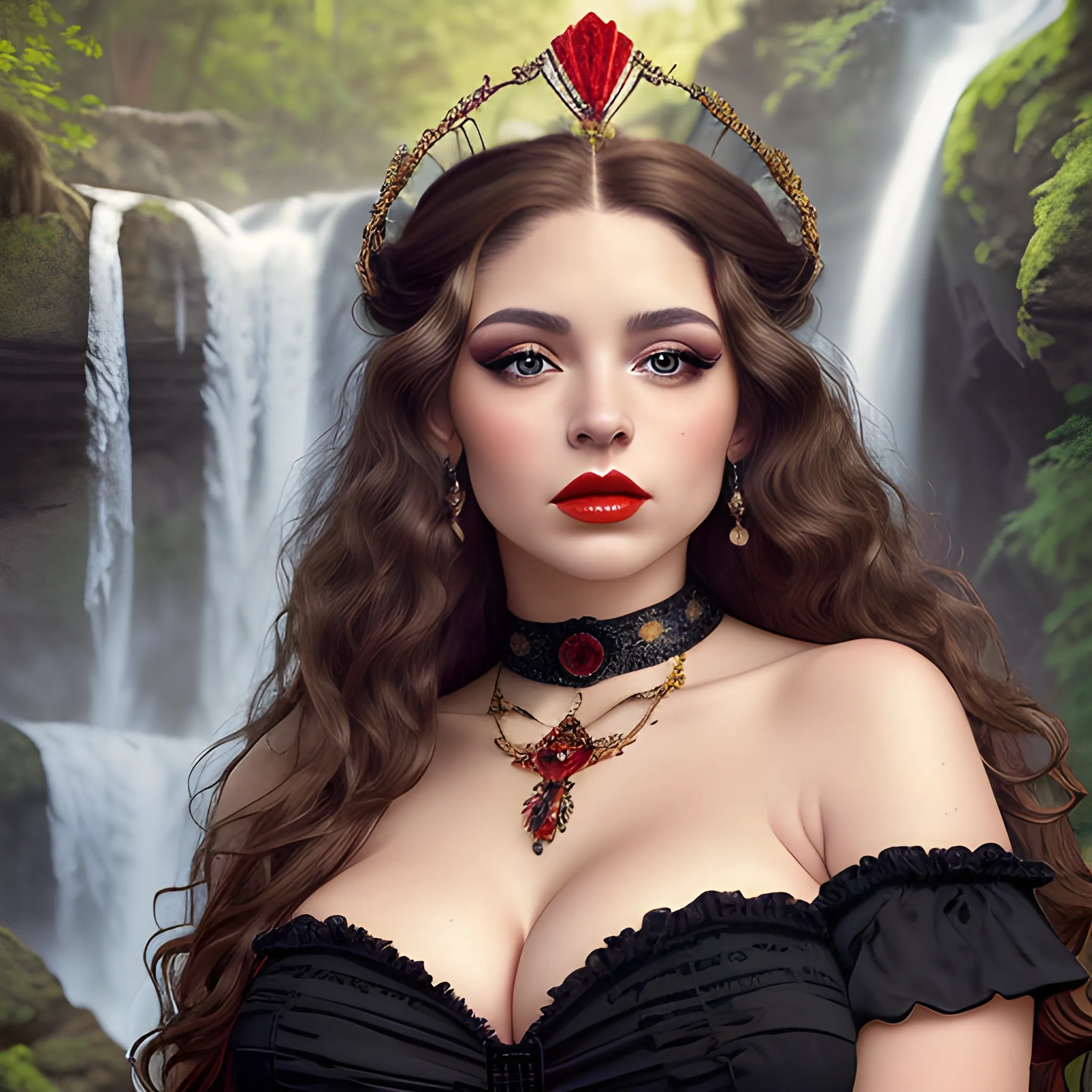 (((high detail))), best quality, Warm Colors, (detail) beautiful Caucasian latin female with back-length curly black  long hair, long eyelashes, red lips, big hazel eyes, makeup, pronounced jawline, wearing sensual breasts big, curvy, wearing a queen crown with a waterfall background, wearing a victorian black dress and a chocker as a neckless