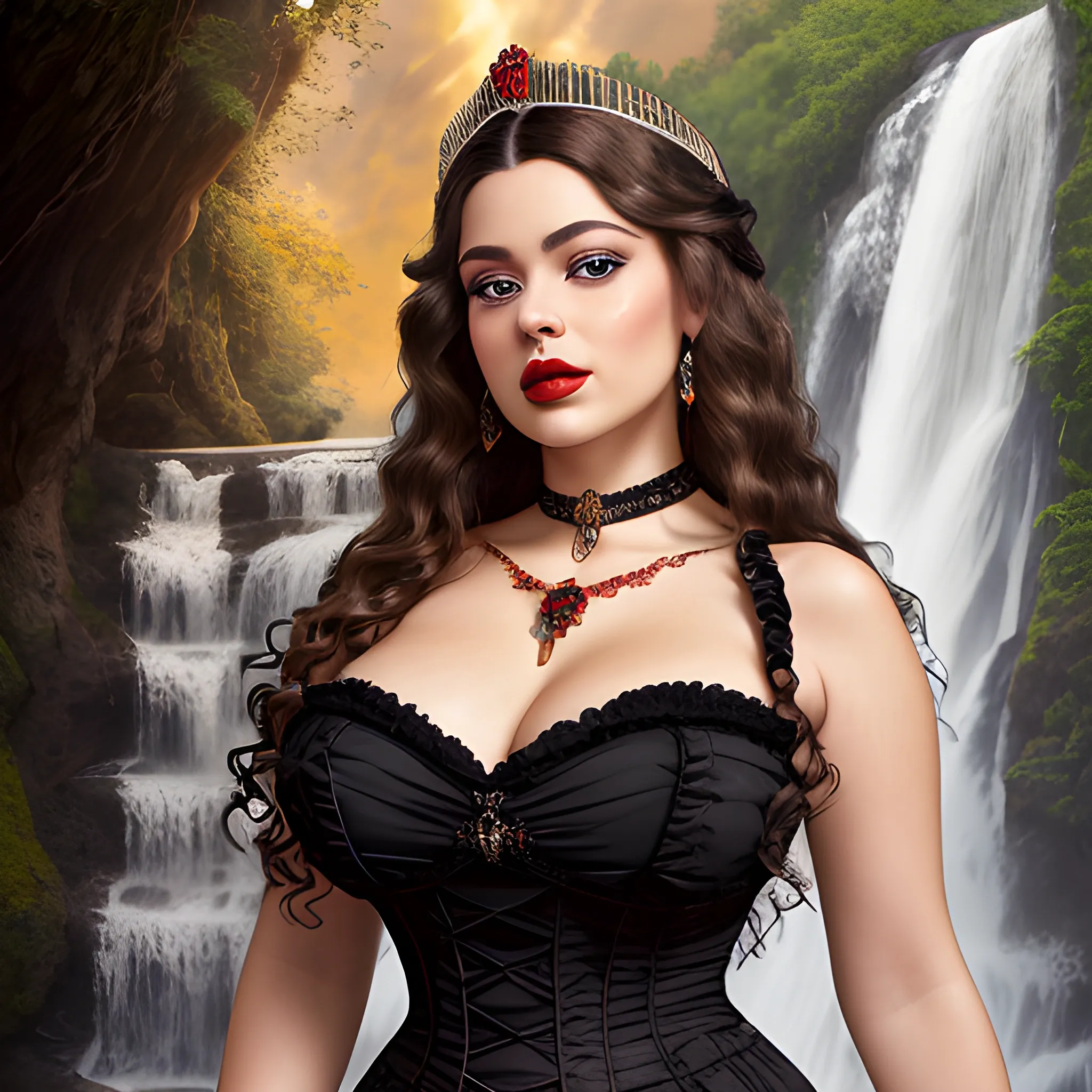 (((high detail))), best quality, Warm Colors, (detail) beautiful Caucasian latin female with back-length  dark black curly long hair, long eyelashes, red lips, big hazel eyes, makeup, pronounced jawline, wearing sensual breasts big, curvy, wearing a queen crown with a waterfall background, wearing a victorian black dress and a chocker as a neckless