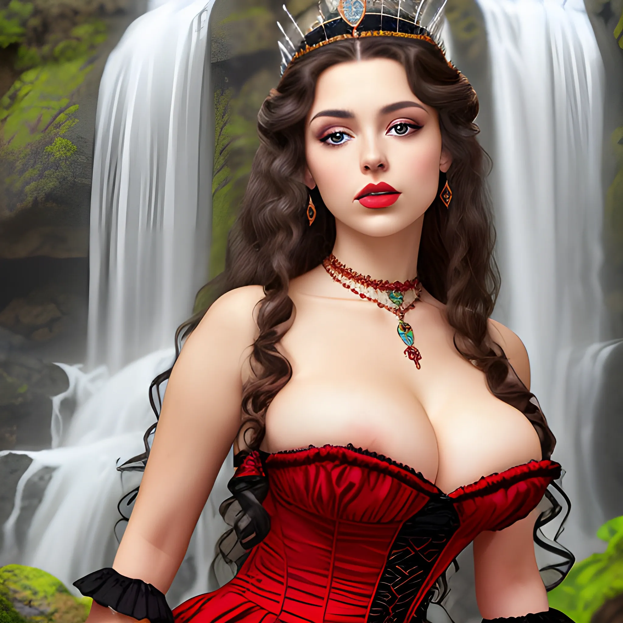 (((high detail))), best quality, Warm Colors, (detail) beautiful Caucasian latin female with back-length  dark black curly long hair, long eyelashes, red lips, big hazel eyes, makeup, pronounced jawline, wearing sensual breasts big, curvy, wearing a queen crown with a waterfall background, wearing a 1799 year victorian black dress and a chocker as a neckless