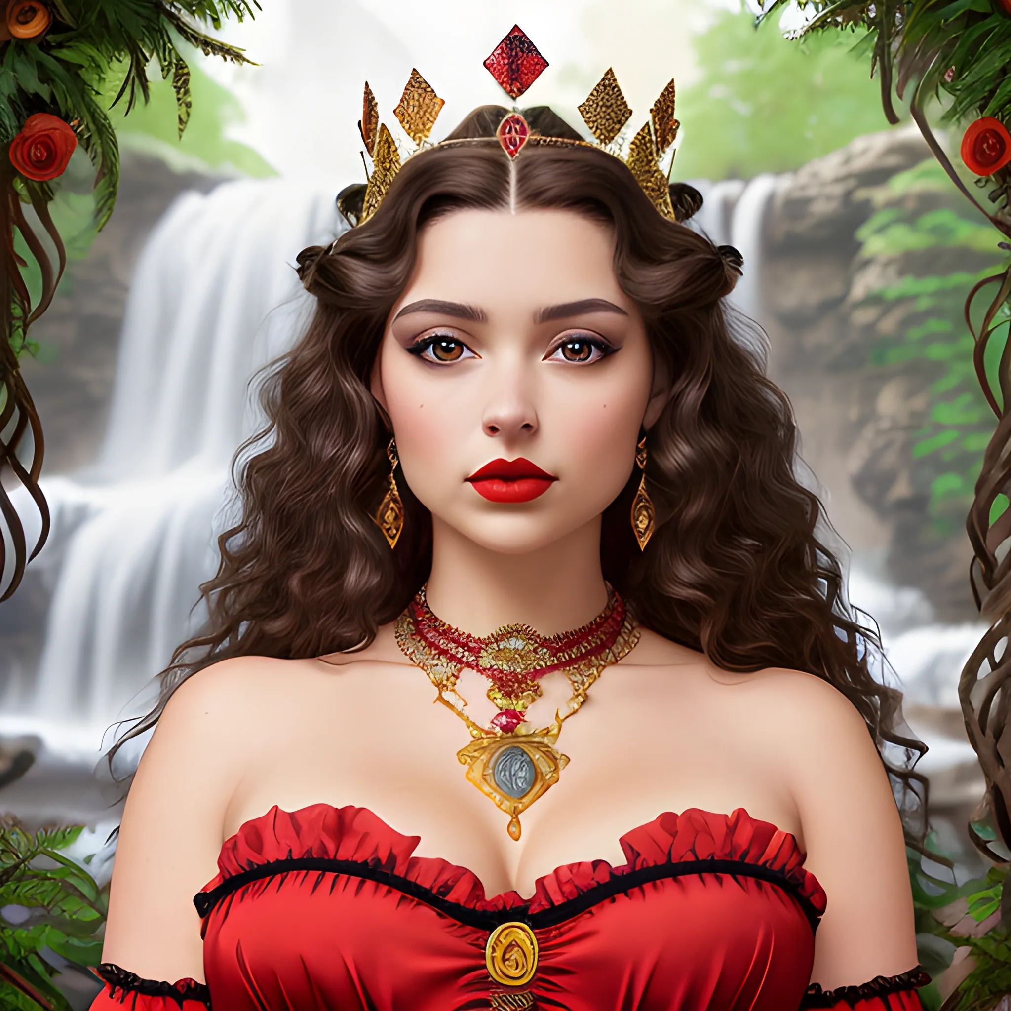(((high detail))), best quality, Warm Colors, (detail) beautiful Caucasian latin female with back-length  dark black curly long hair, long eyelashes, red lips, big hazel eyes, makeup, pronounced jawline, wearing sensual breasts big, curvy, wearing a queen crown with a waterfall background, wearing a queen  victorian  dress and a chocker as a neckless