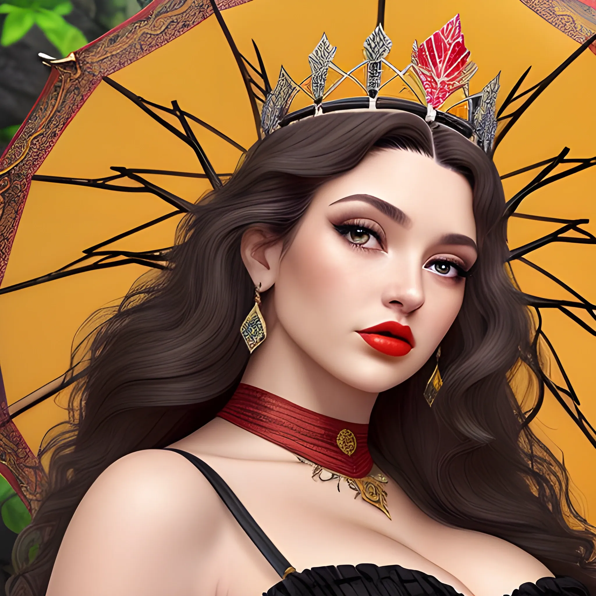 (((high detail))), best quality, Warm Colors, (detail) beautiful Caucasian latin female with back-length  dark black curly long hair, long eyelashes, red lips, big hazel eyes, makeup, pronounced jawline, wearing sensual breasts big, curvy, wearing a queen crown with a waterfall background, wearing a vintage  dress and a chocker as a neckless, an umbrella, make up, long nails