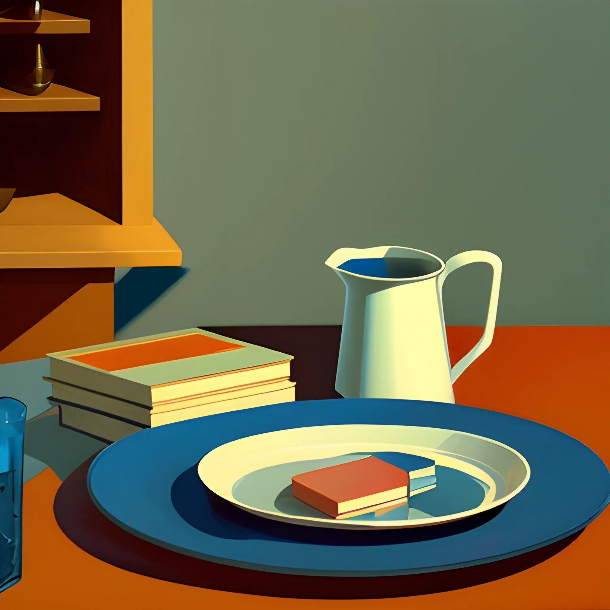 close up shot of items on table in contemporary home, still life, books, ceramic plate, very coherent, painted by Edward Hopper, painted by James Gilleard, acrylic painting