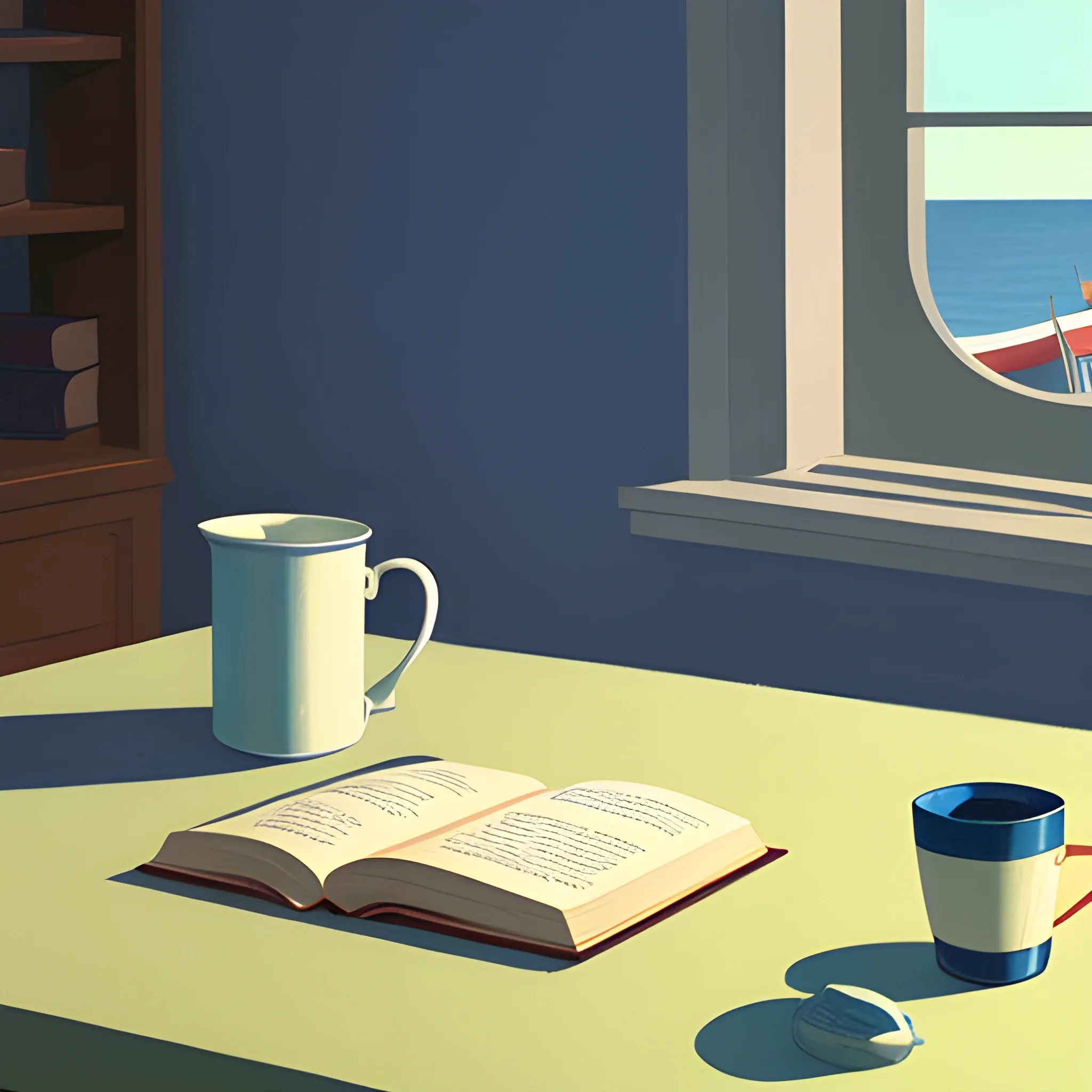 close up shot of items on table in contemporary home, still life, nautical, books, very coherent, painted by Edward Hopper, painted by James Gilleard