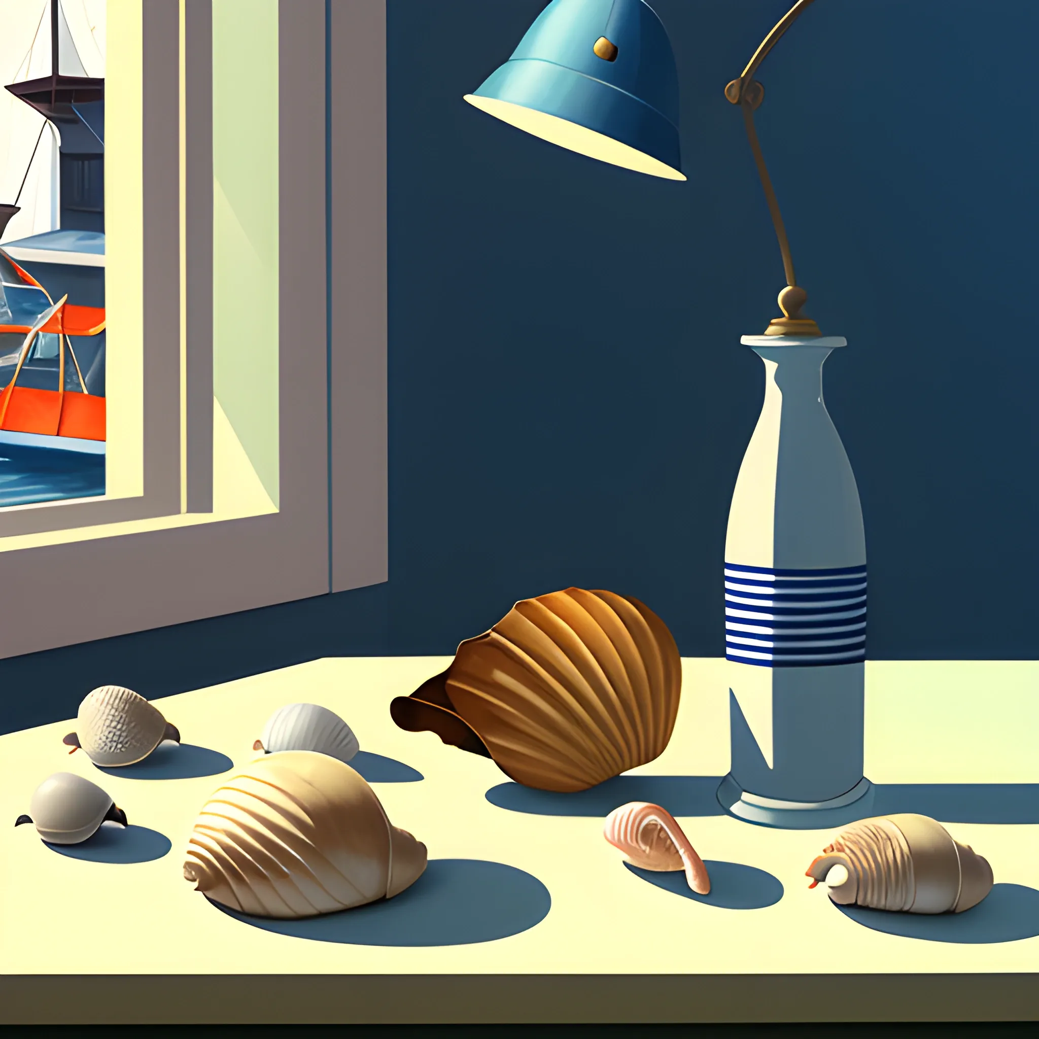 close up shot of items on table in contemporary home, still life, nautical, shells, very coherent, painted by Edward Hopper, painted by James Gilleard