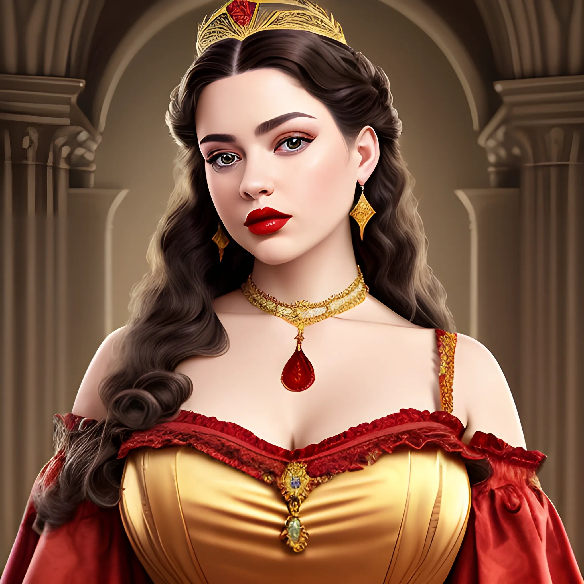 (((high detail))), best quality, Warm Colors, (detail) beautiful Caucasian latin female with back-length  dark black curly long hair, long eyelashes, red lips, big hazel eyes, makeup, pronounced jawline, wearing sensual breasts big, curvy, wearing a queen crown with a palace background, wearing a vintage  gregorian dress and a chocker as a neckless, make up,