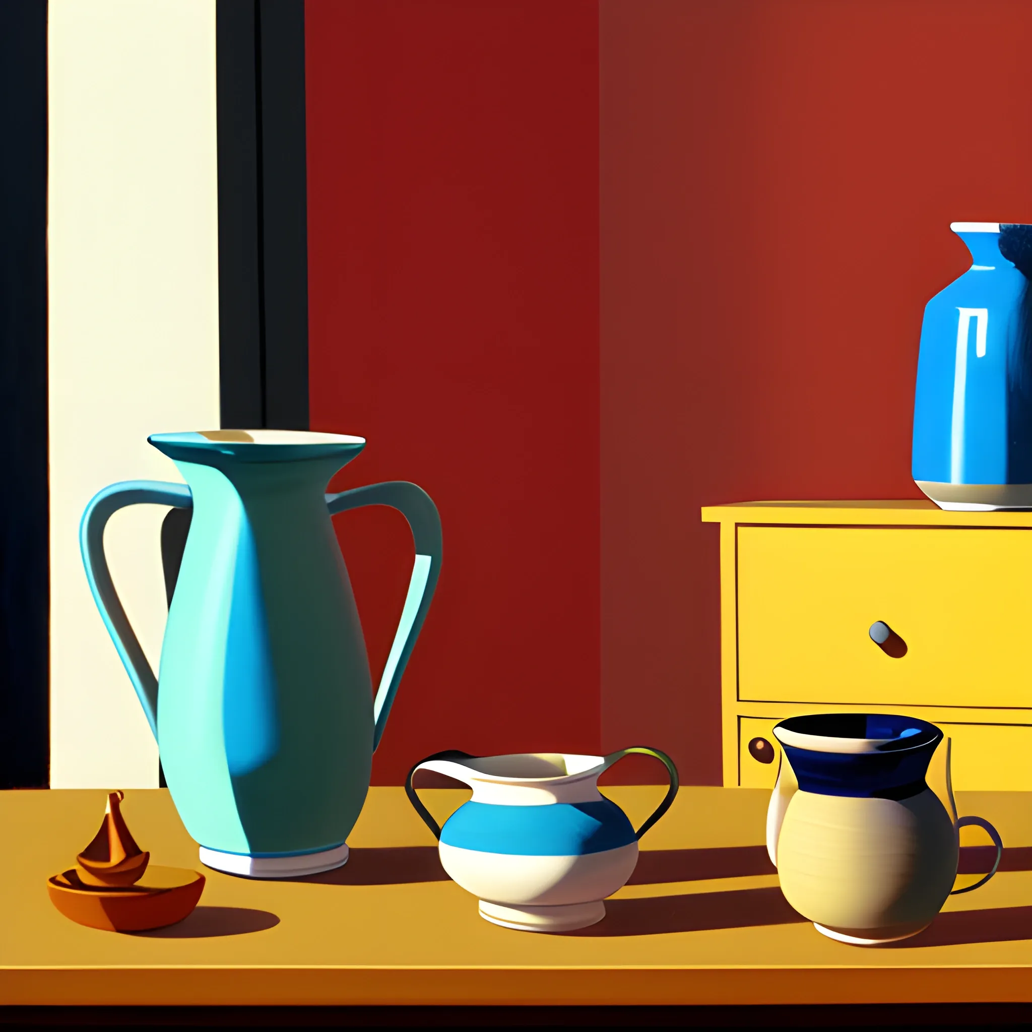 close up shot of items on table in contemporary home, still life, hand painted ceramics, very coherent, painted by Edward Hopper, painted by James Gilleard, acrylic painting