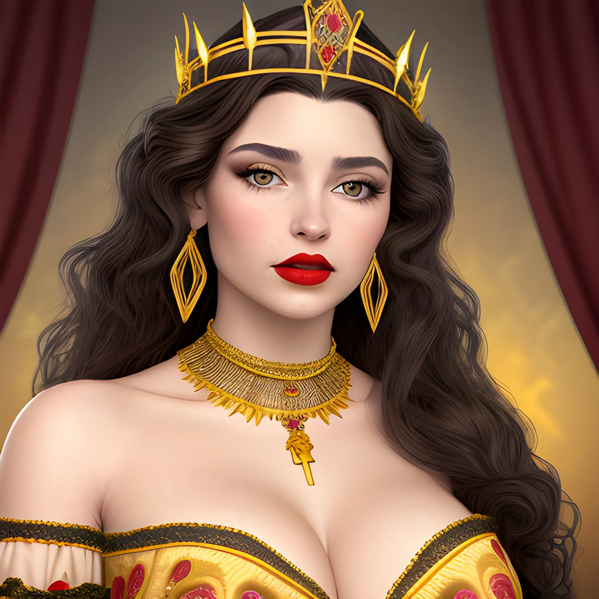 (((high detail))), best quality, Warm Colors, (detail) beautiful Caucasian latin female with back-length  dark black curly long hair, long eyelashes, red lips, big hazel eyes, makeup, pronounced jawline, wearing sensual breasts big, curvy, wearing a queen crown with a gold palace background, wearing a vintage  gregorian dress and a chocker as a neckless, make up,
