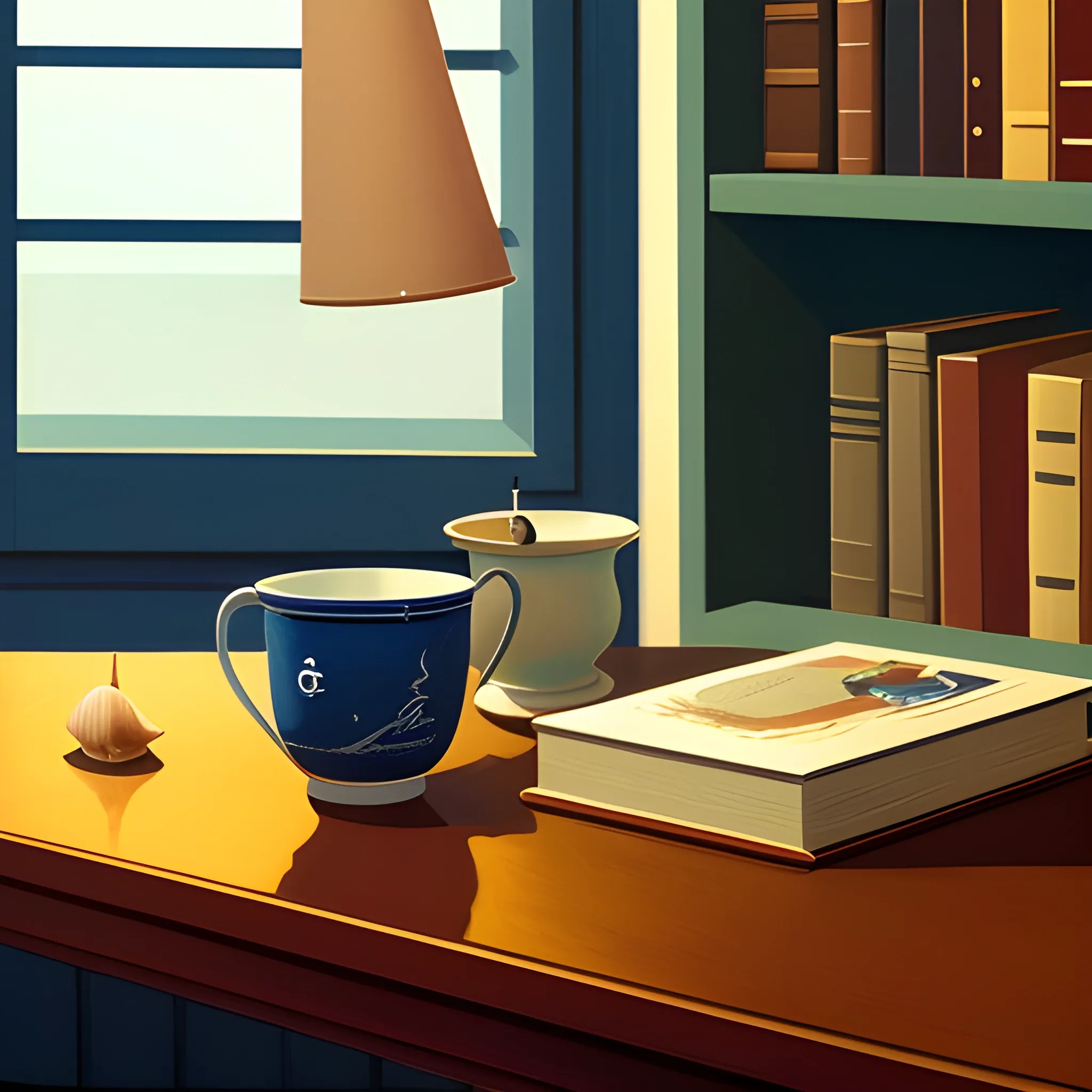 close up shot of items on table in contemporary home, still life, nautical, books, shells, very coherent, painted by Edward Hopper, painted by James Gilleard