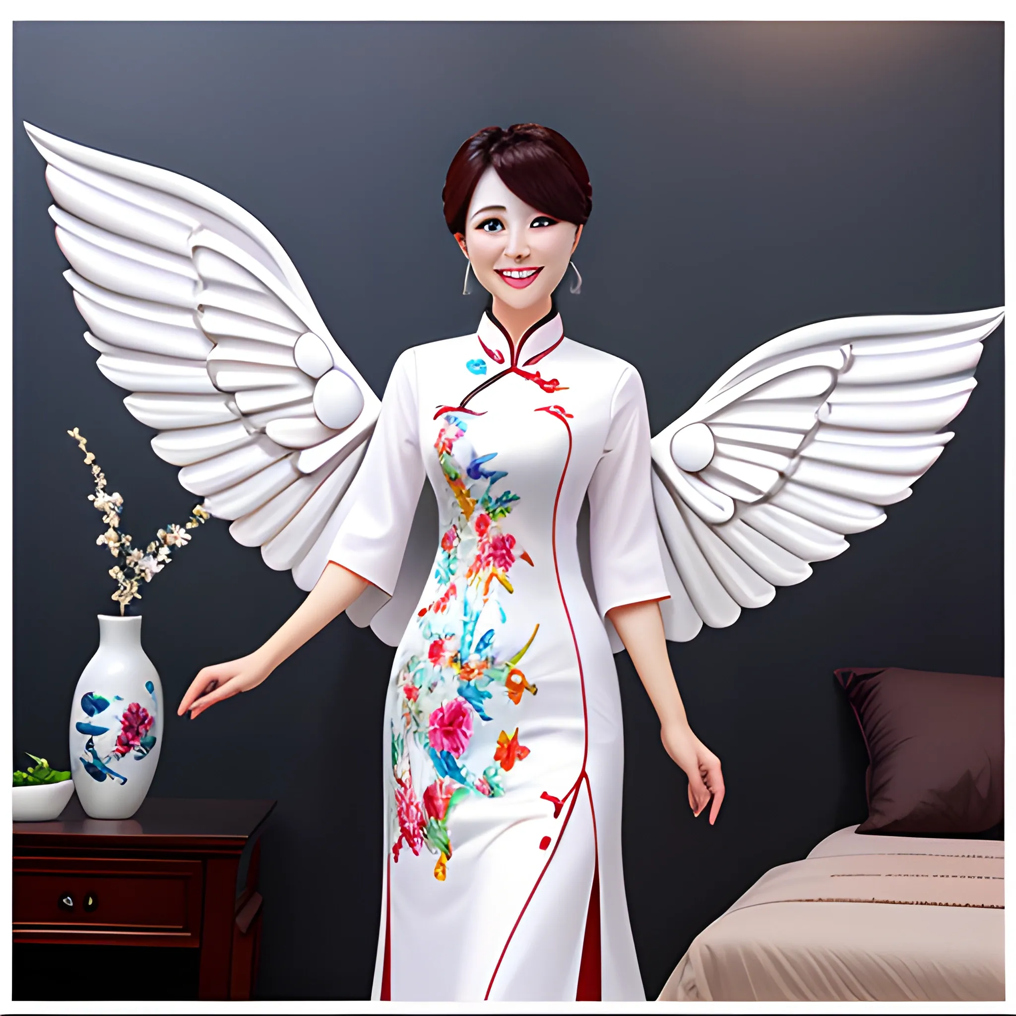 cartoon character,8k, beautiful, wing on back,girl,smile, china midi,