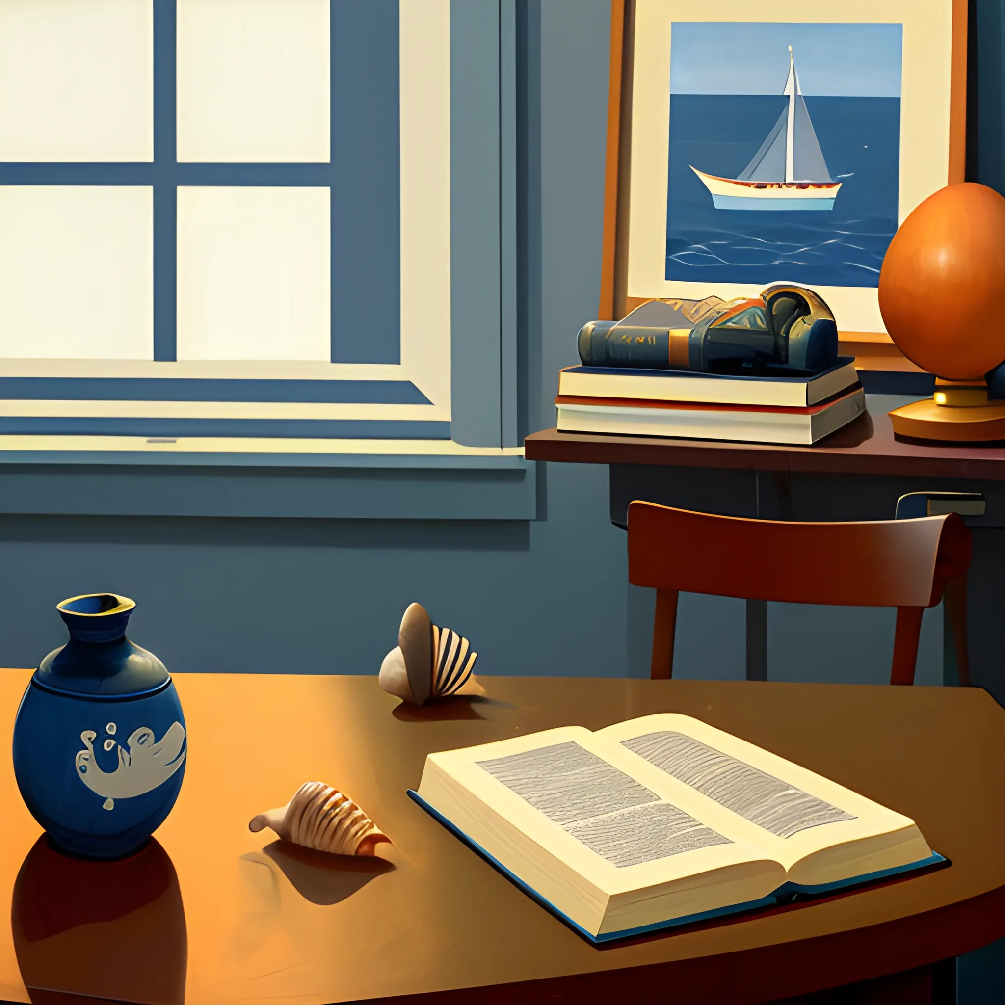 close up shot of items on table in contemporary home, still life, nautical, books, shells, very coherent, painted by Edward Hopper, painted by James Gilleard