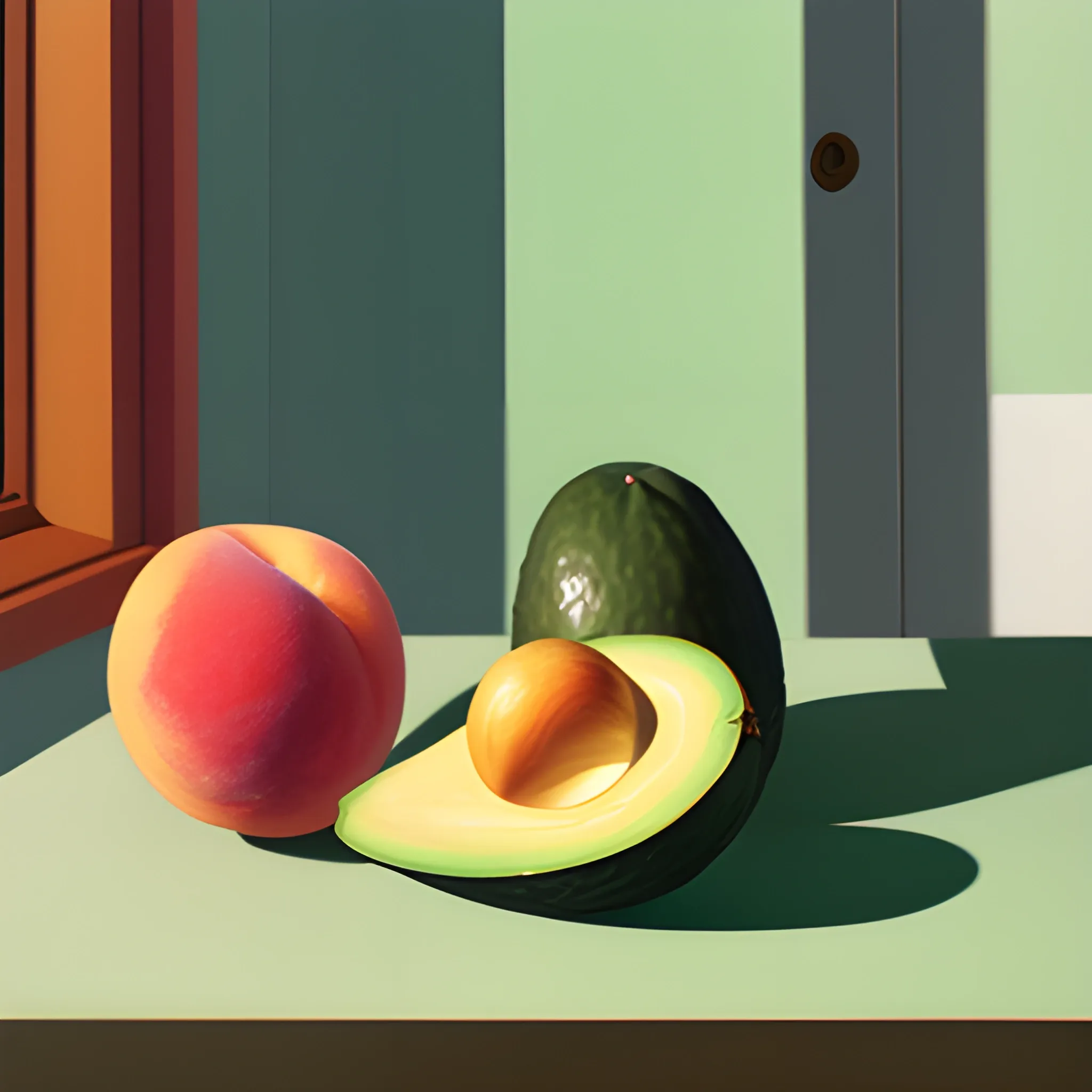 close up shot of fruits on table in contemporary home, still life, avocado, peach, very coherent, painted by Edward Hopper, painted by James Gilleard, acrylic painting